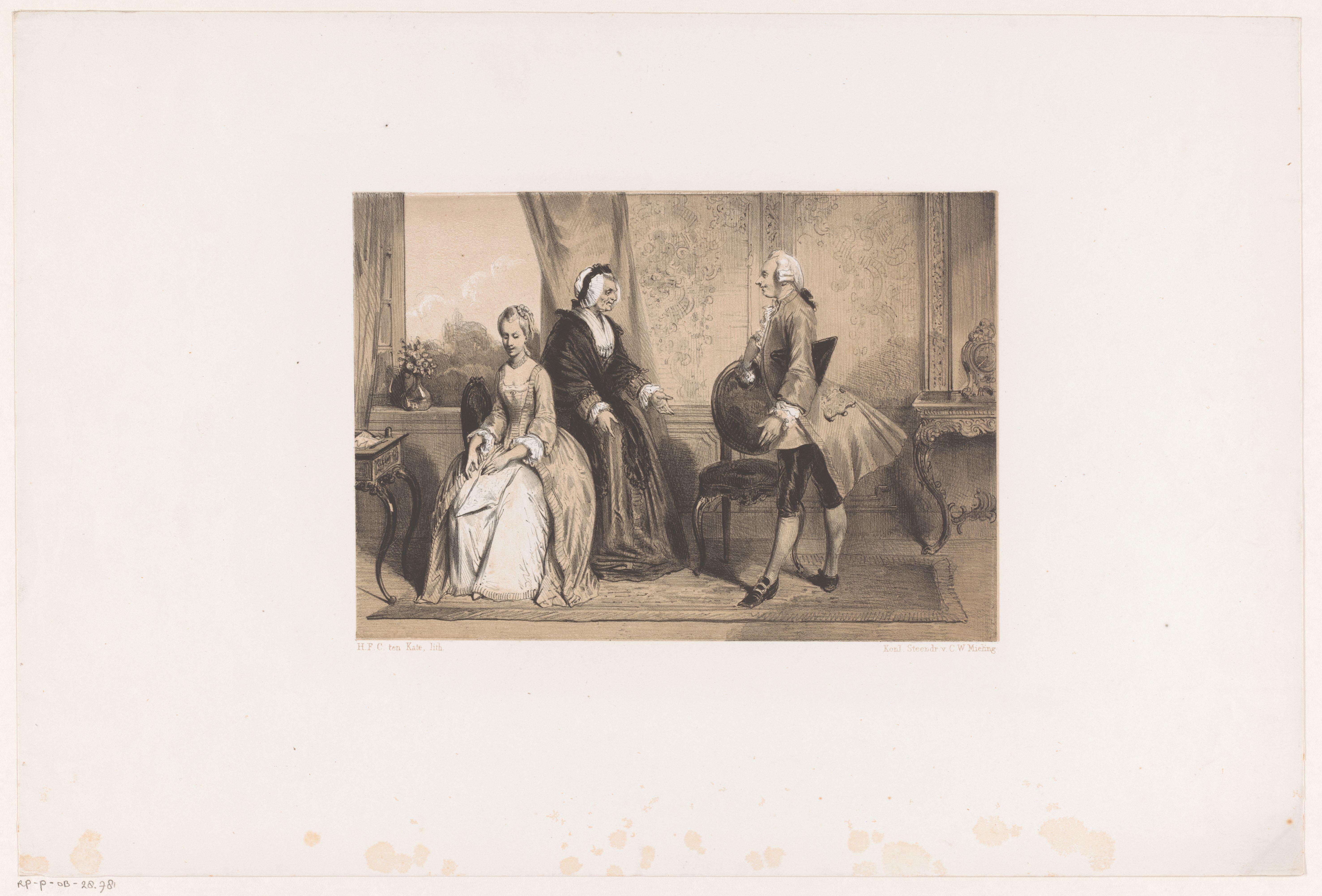 Drie figuren in een 18de-eeuws interieur