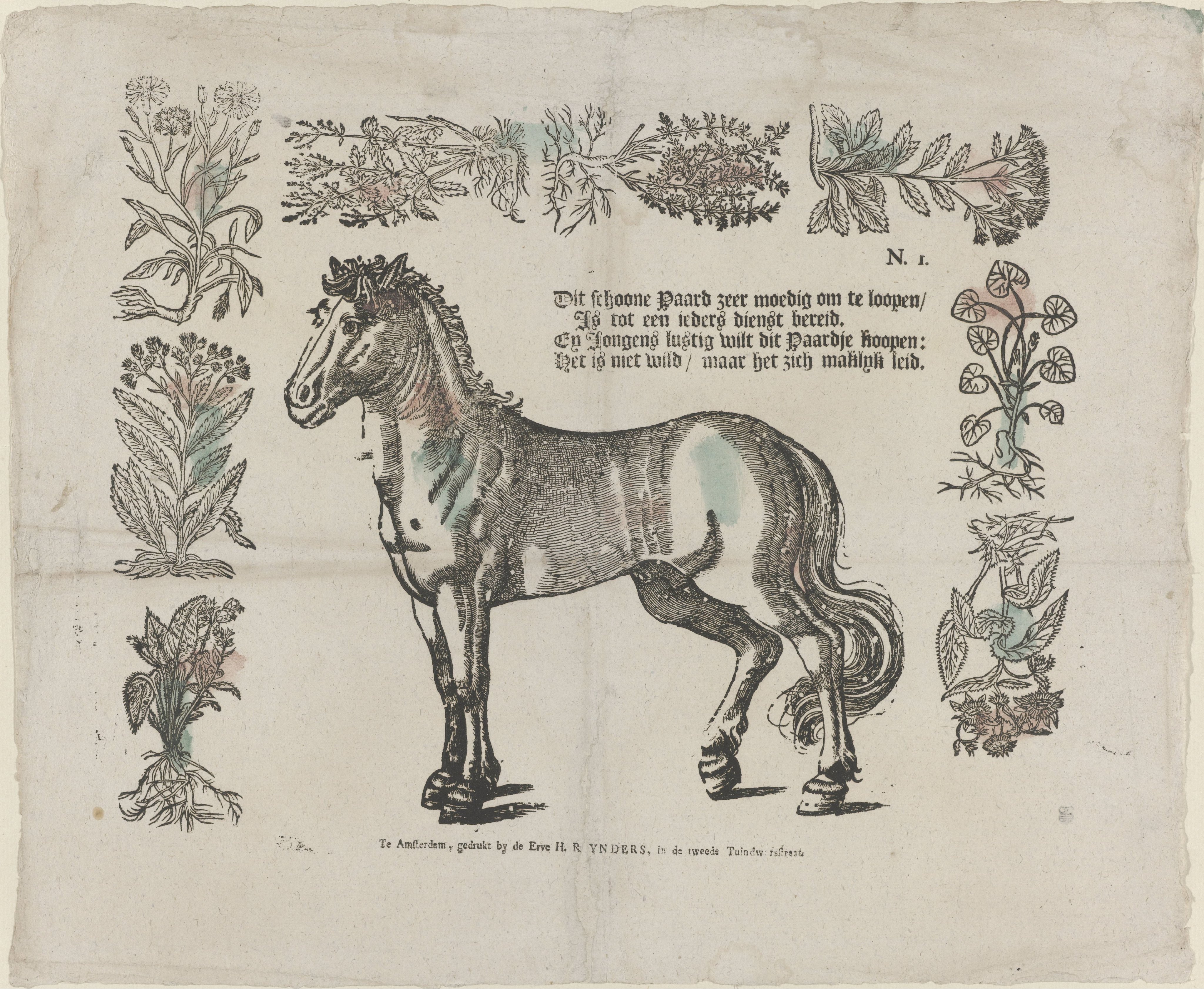 Dit schoone paard zeer moedig om te loopen / Is tot een ieders dienst bereid, / En jongens lustig wilt dit paardje koopen: / Het is niet wild / maar het zich maklyk leid