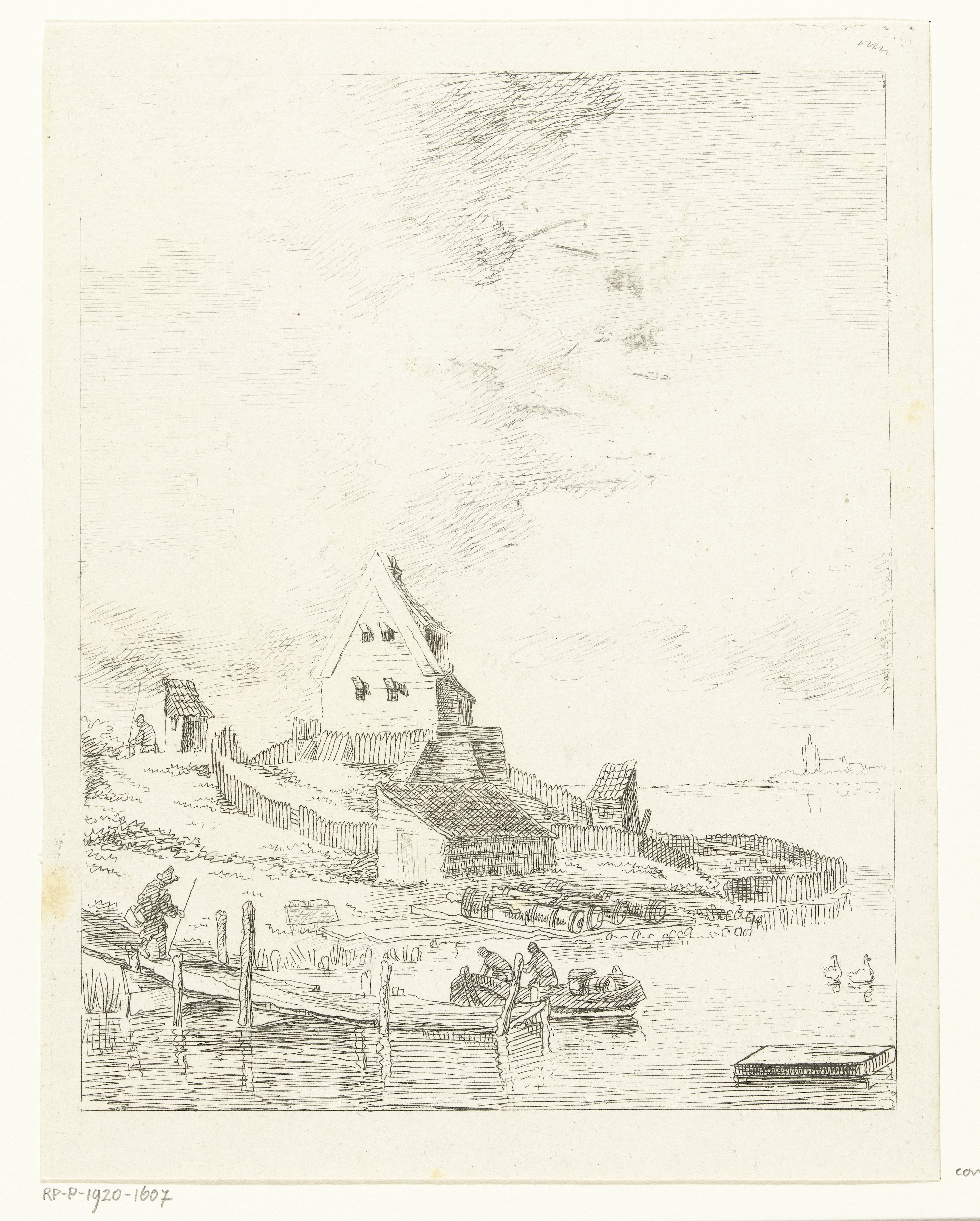 Landschap met huis en steiger aan rivier