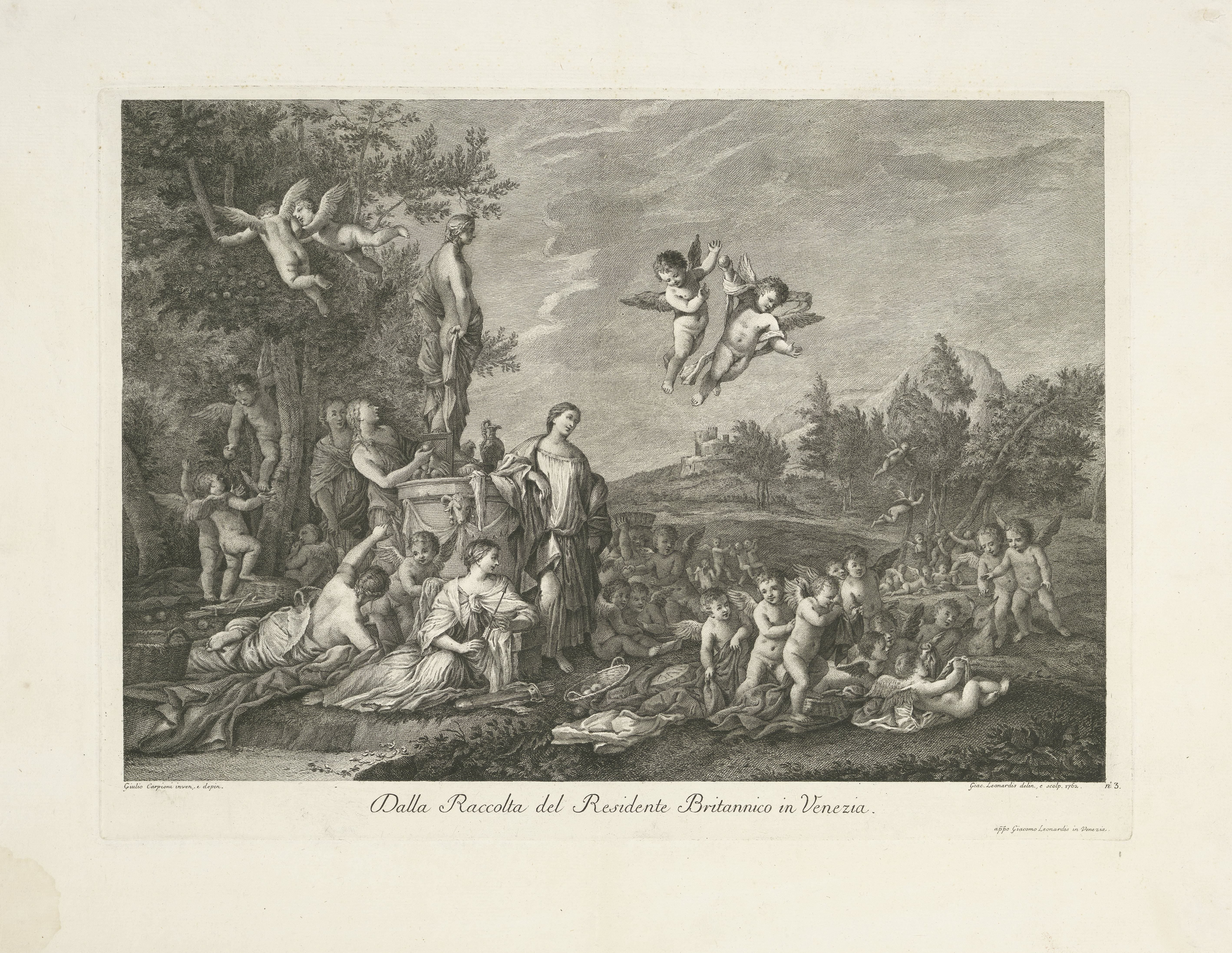 Landschap met vrouwen en putti bij standbeeld