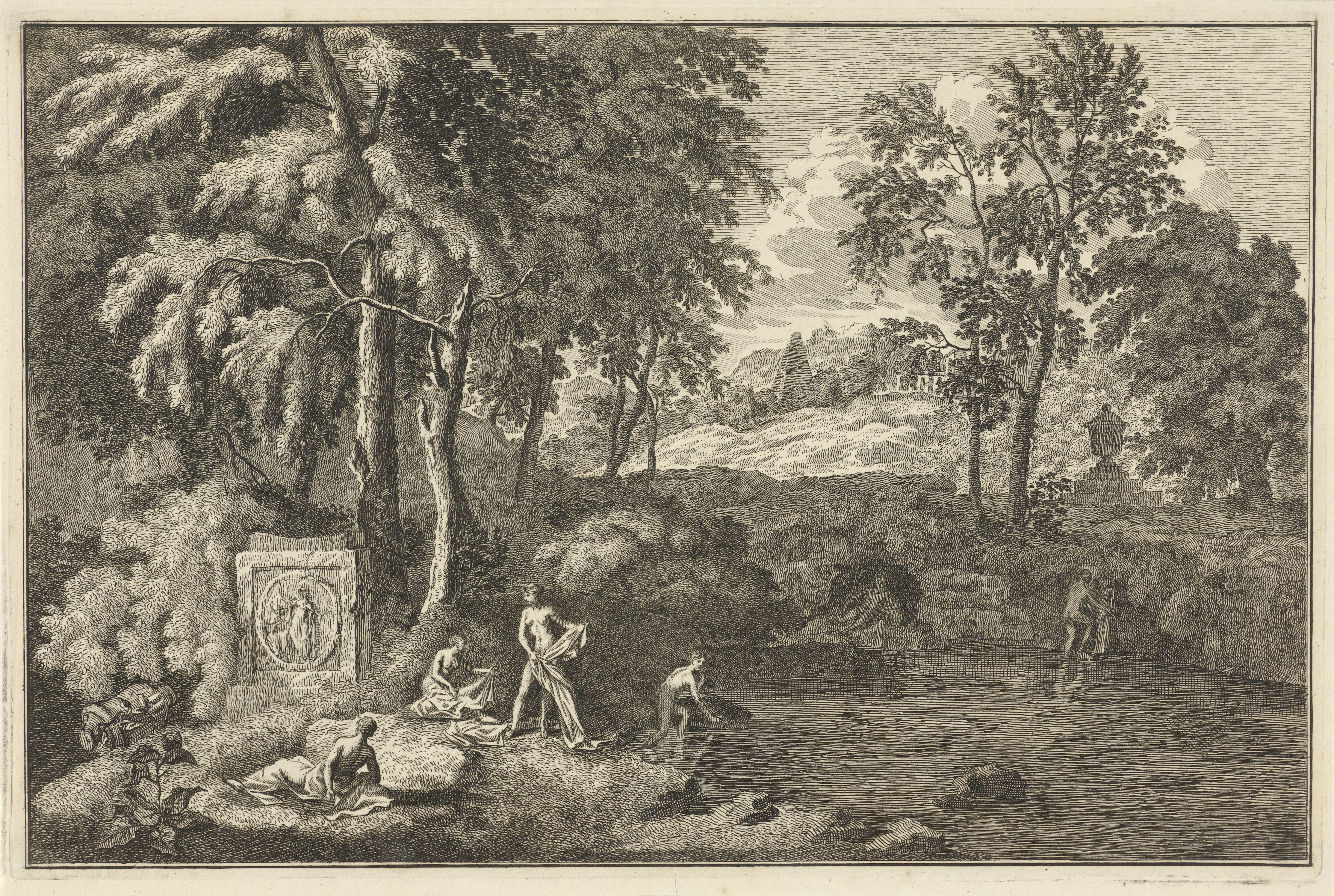 Arcadisch landschap met badende vrouwen bij een meertje