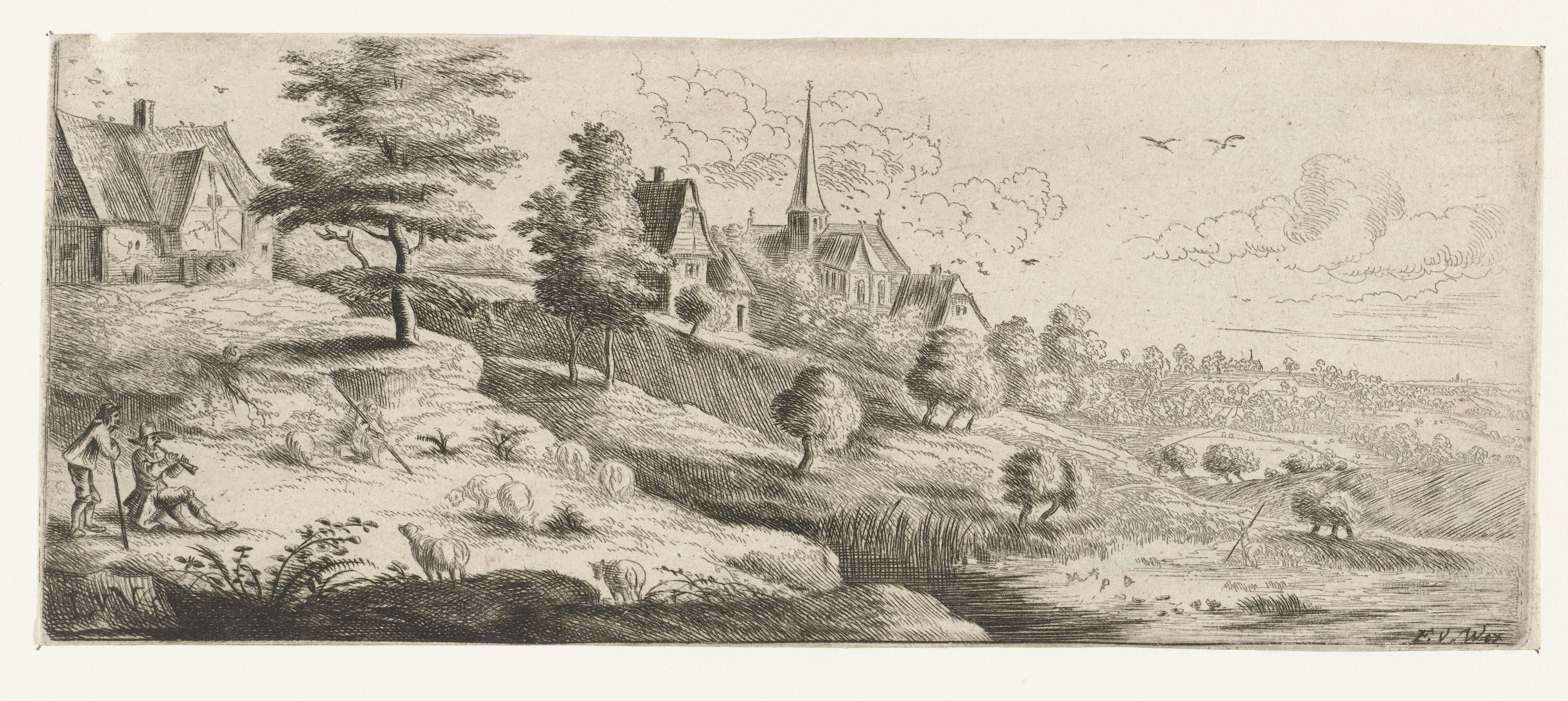 Landschap met een dorp en een schalmei spelende man