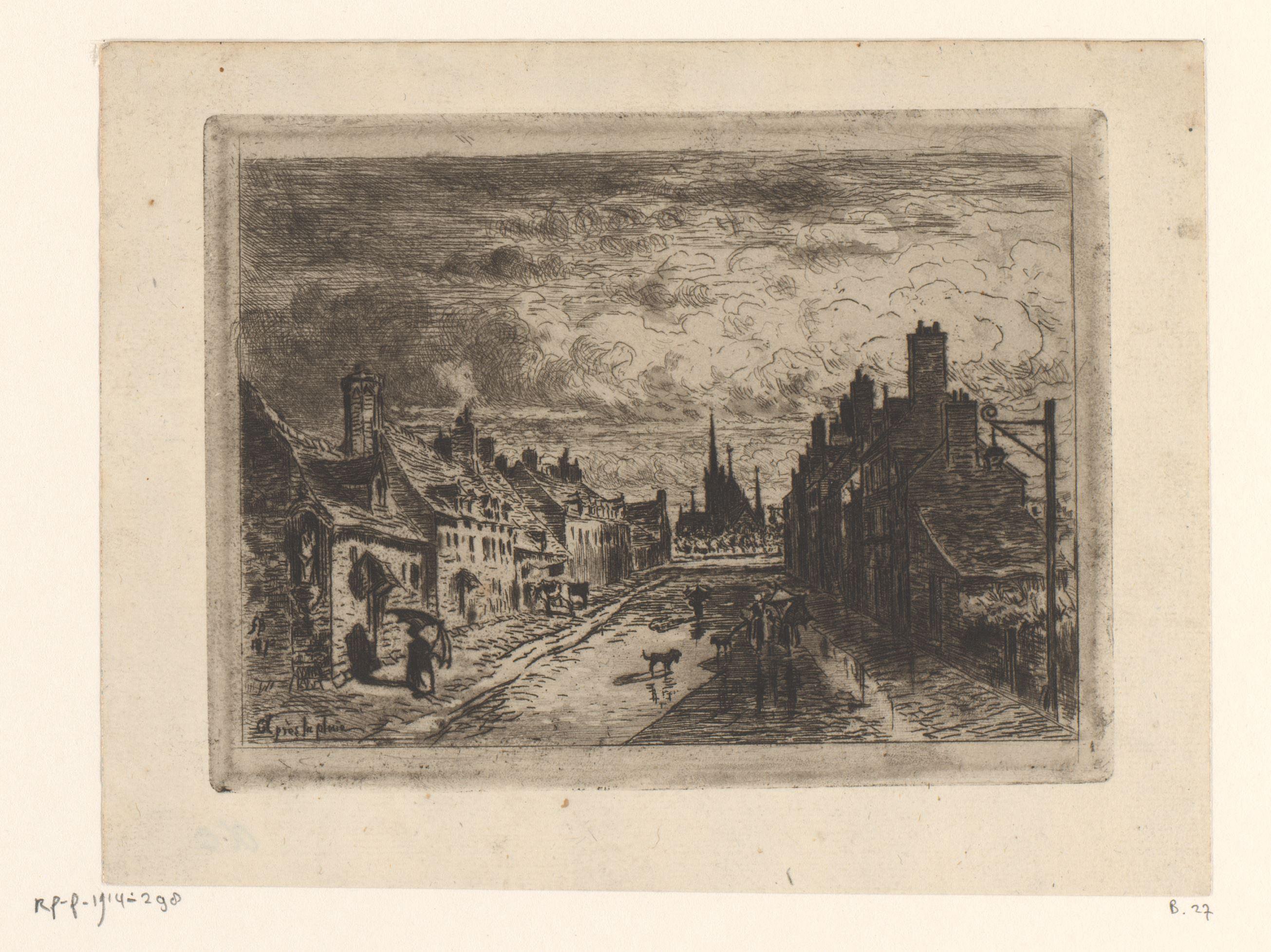 Stadsgezicht met een natte straat