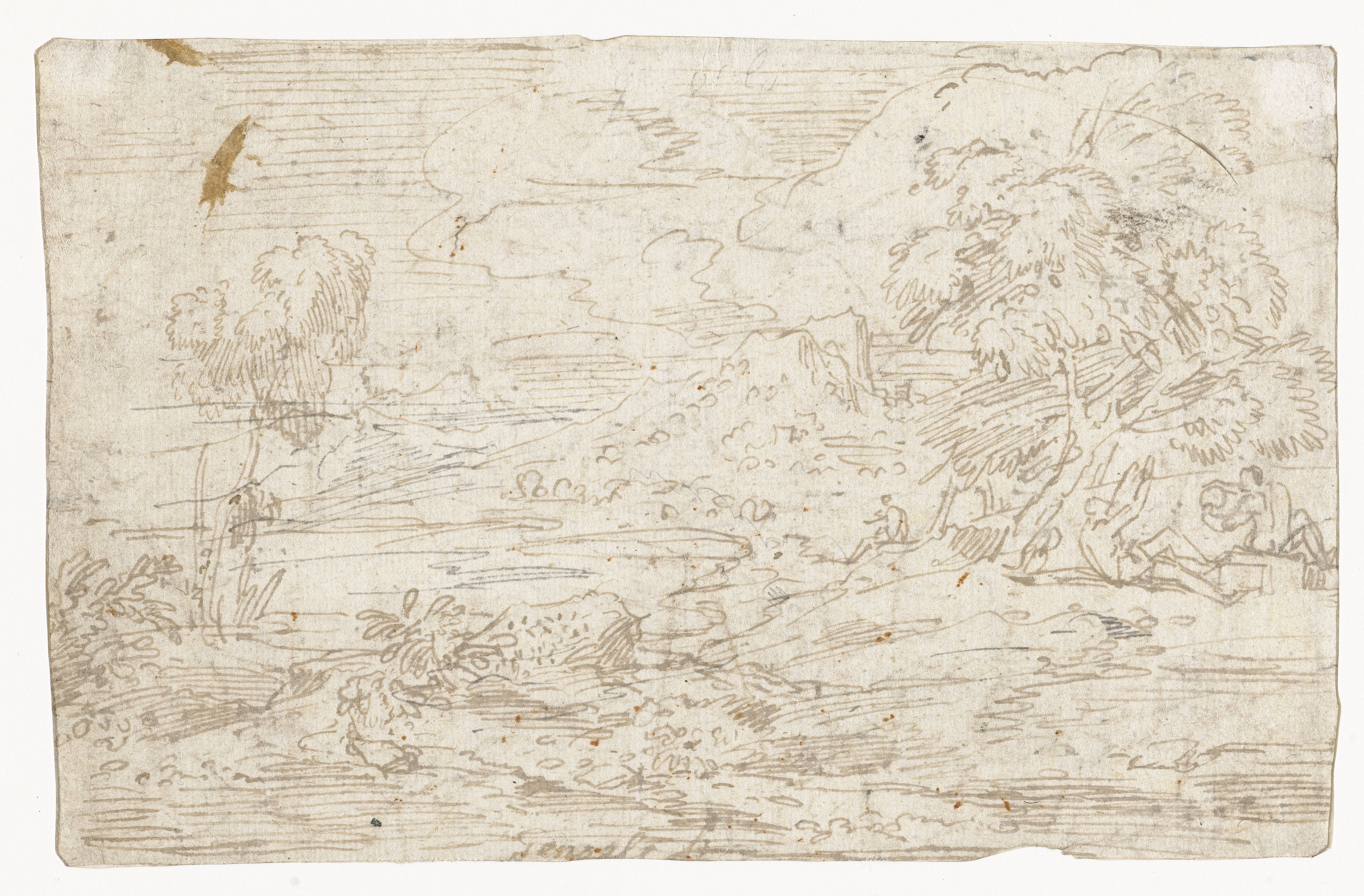 Landschap met enkele figuren onder een boom