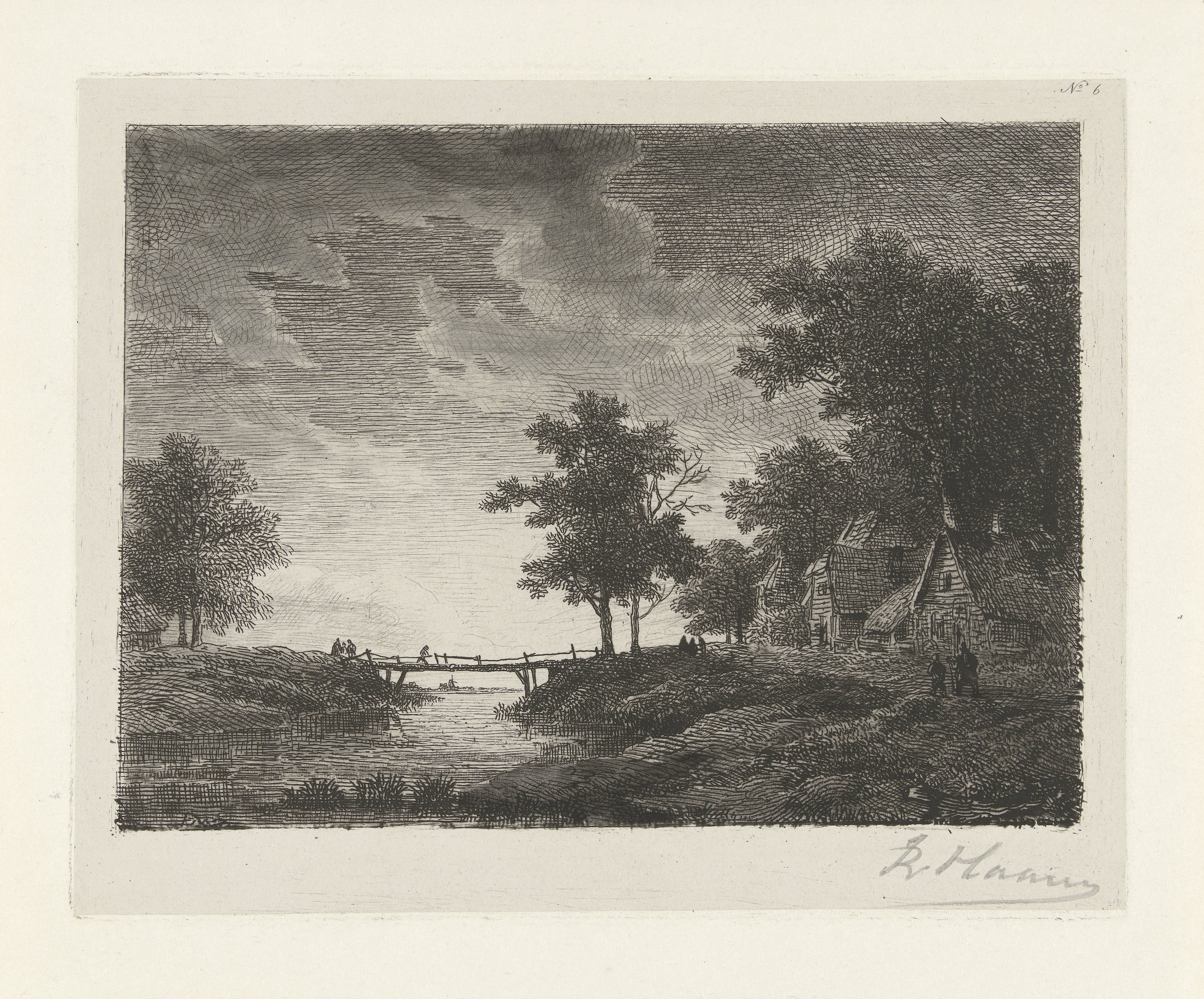 Landschap met figuren bij een brug