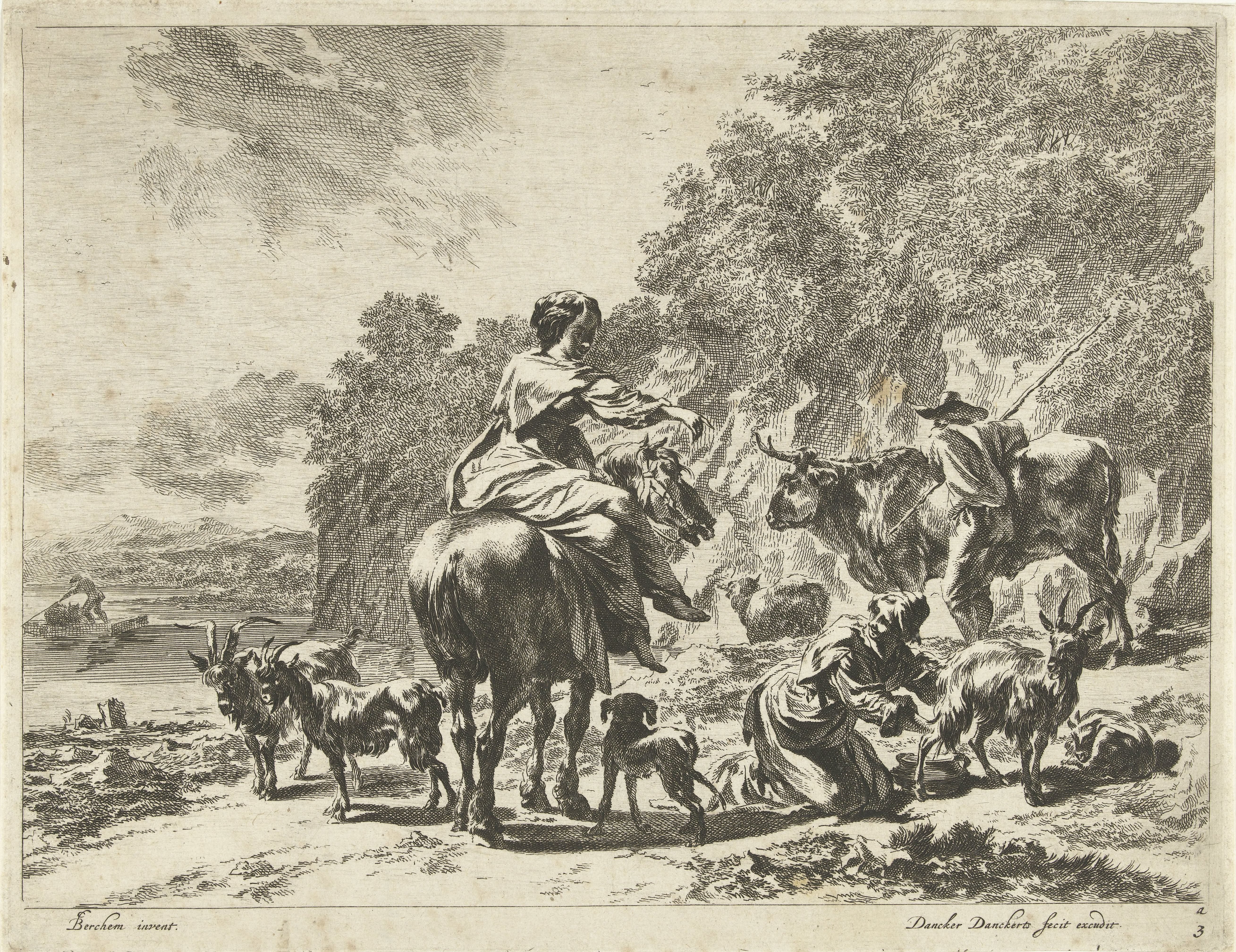 Landschap met vrouw te paard en een herderin die een geit melkt