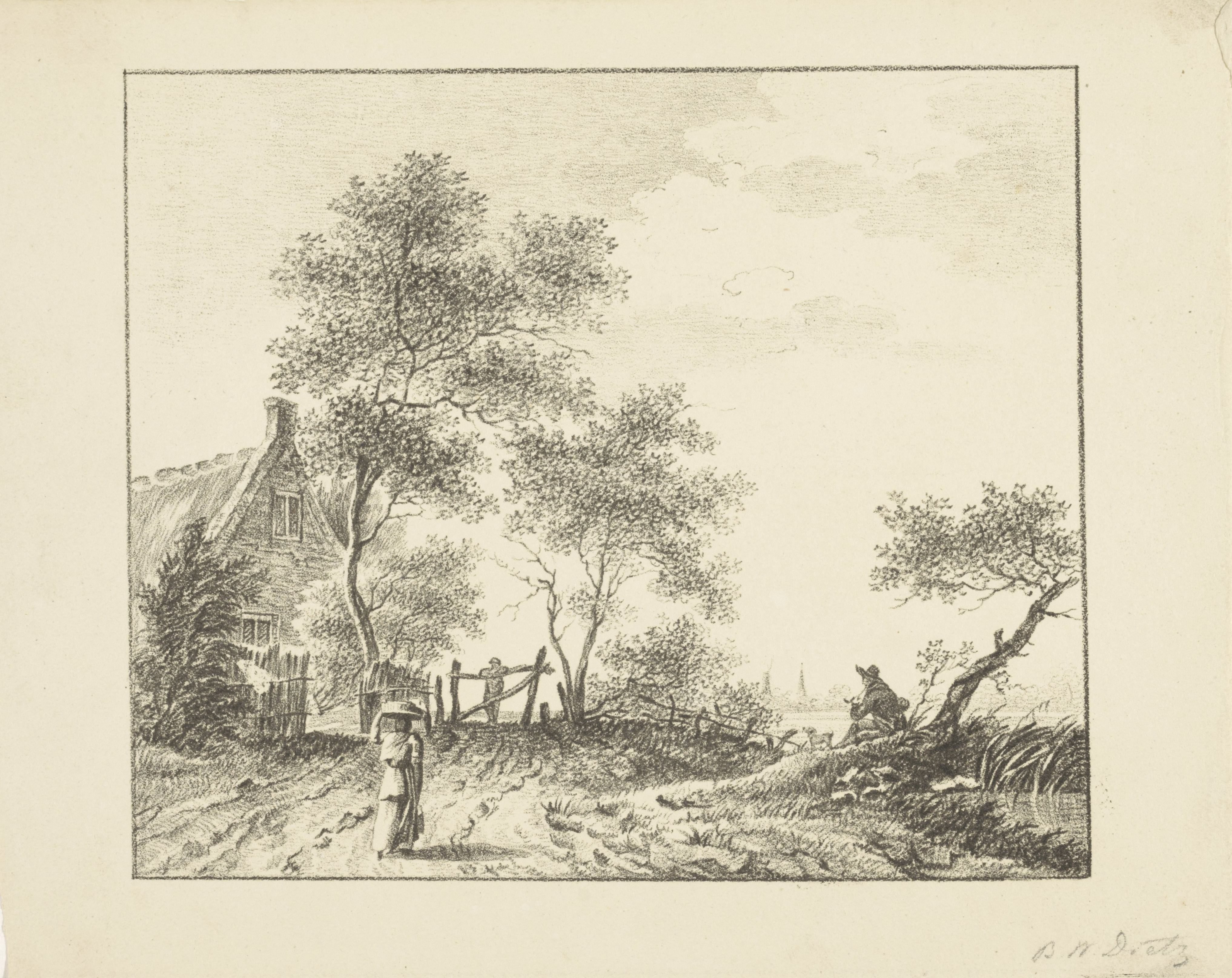 Landschap met vrouw met mand op het hoofd