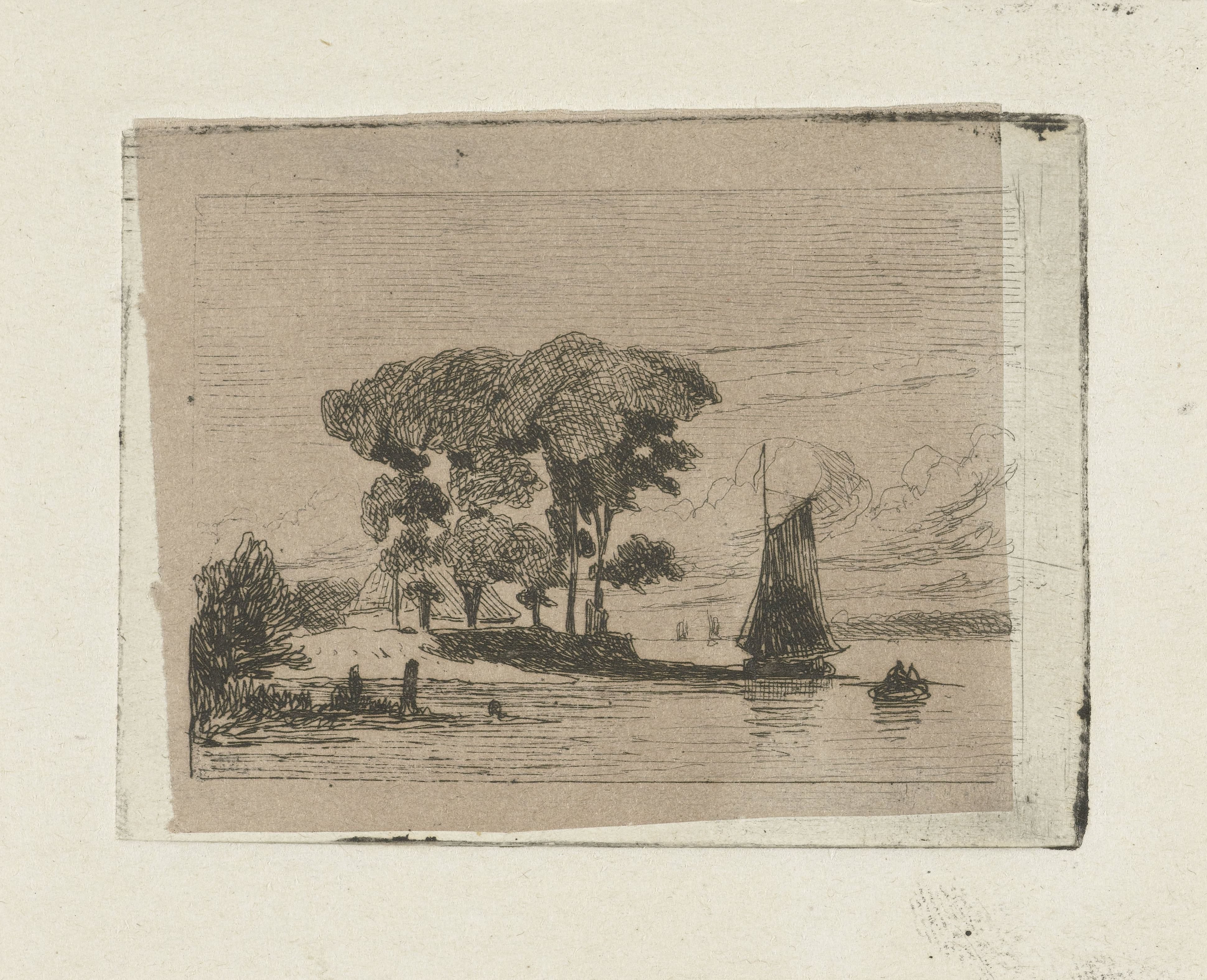 Rivierlandschap met zeilboot en bomen