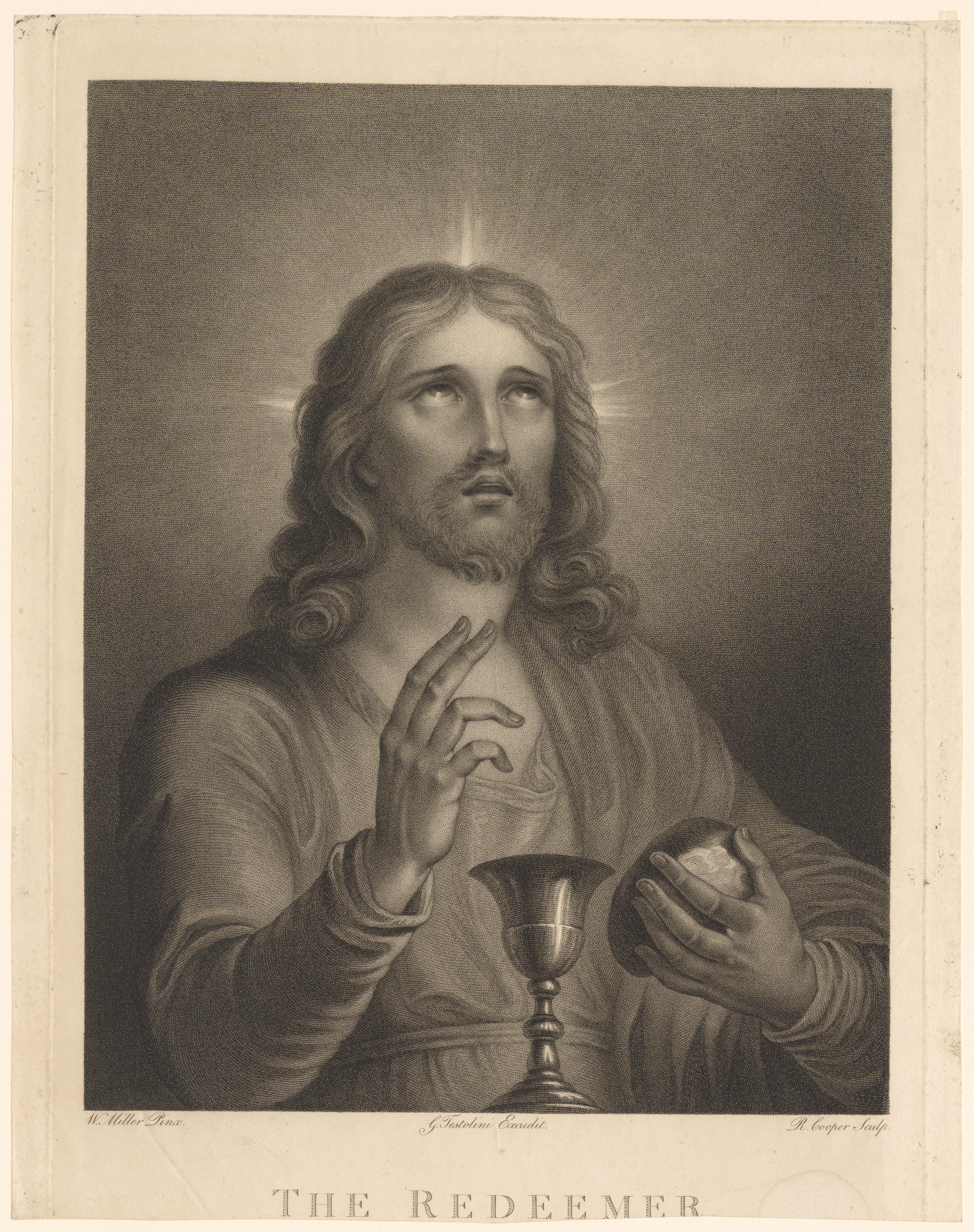 Christus als verlosser maakt zegenend gebaar en houdt in zijn linkerhand een stuk brood