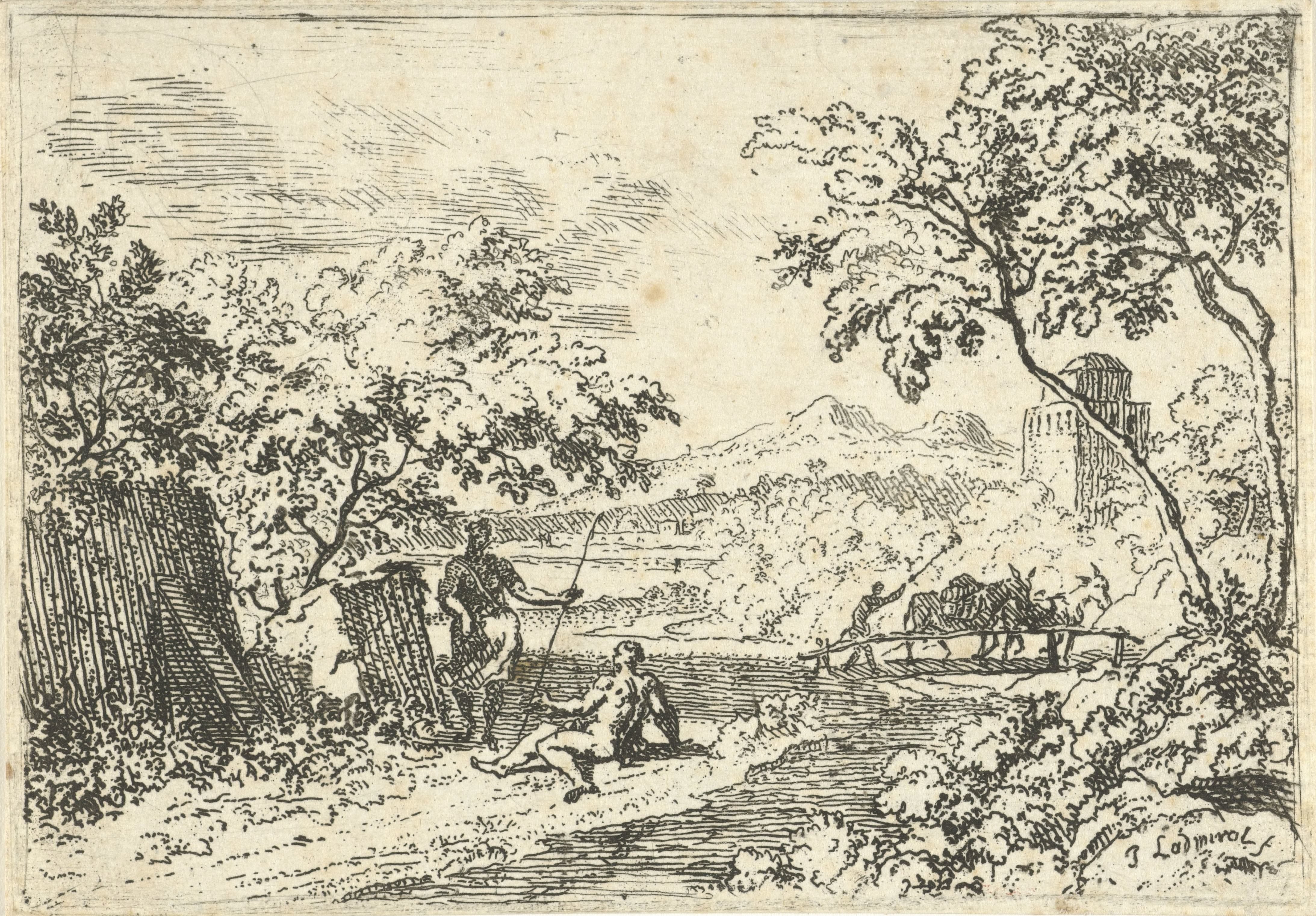 Arcadisch landschap met herders op een oever