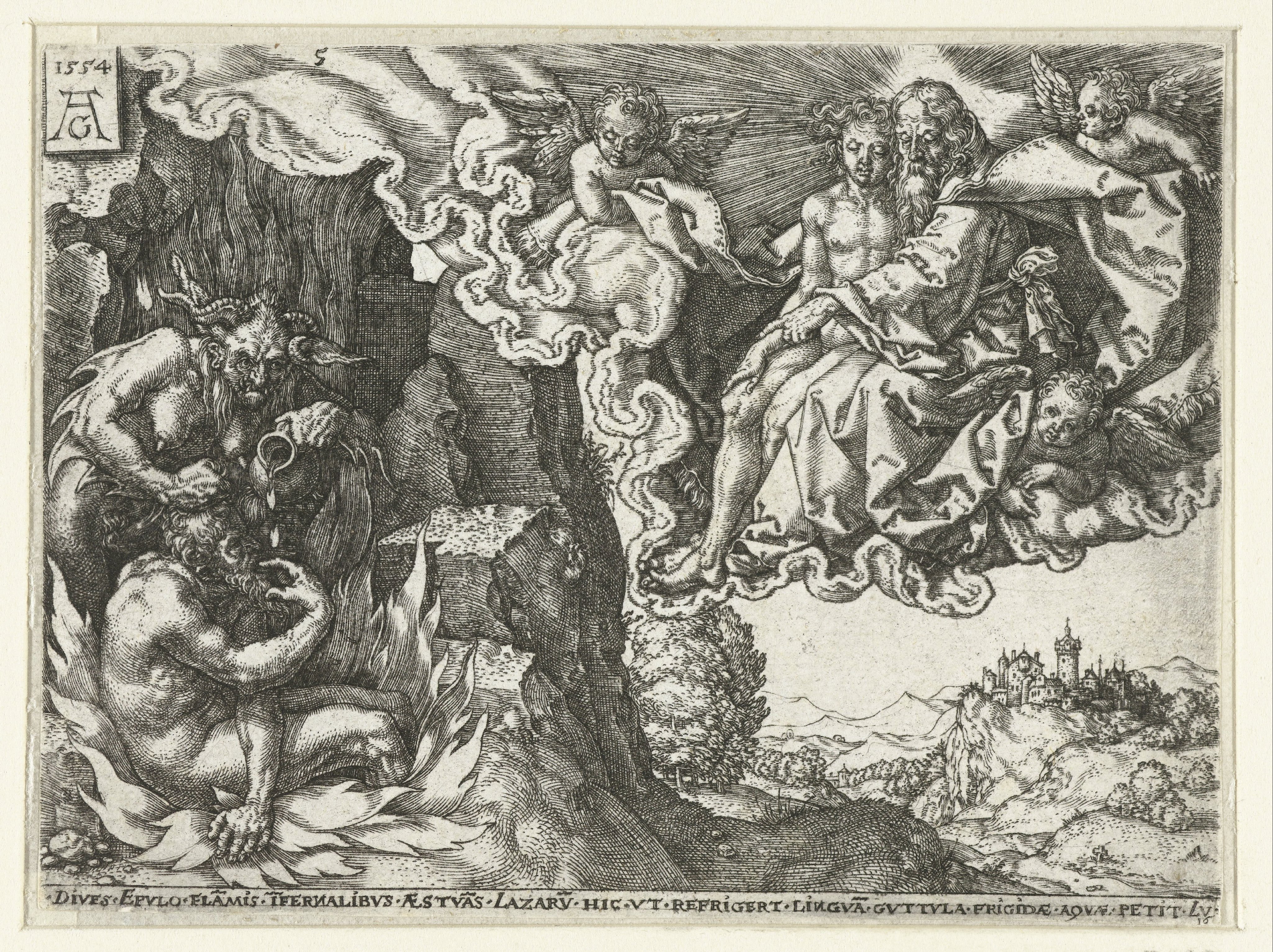 De rijke man in de hel ziet Abraham met Lazarus