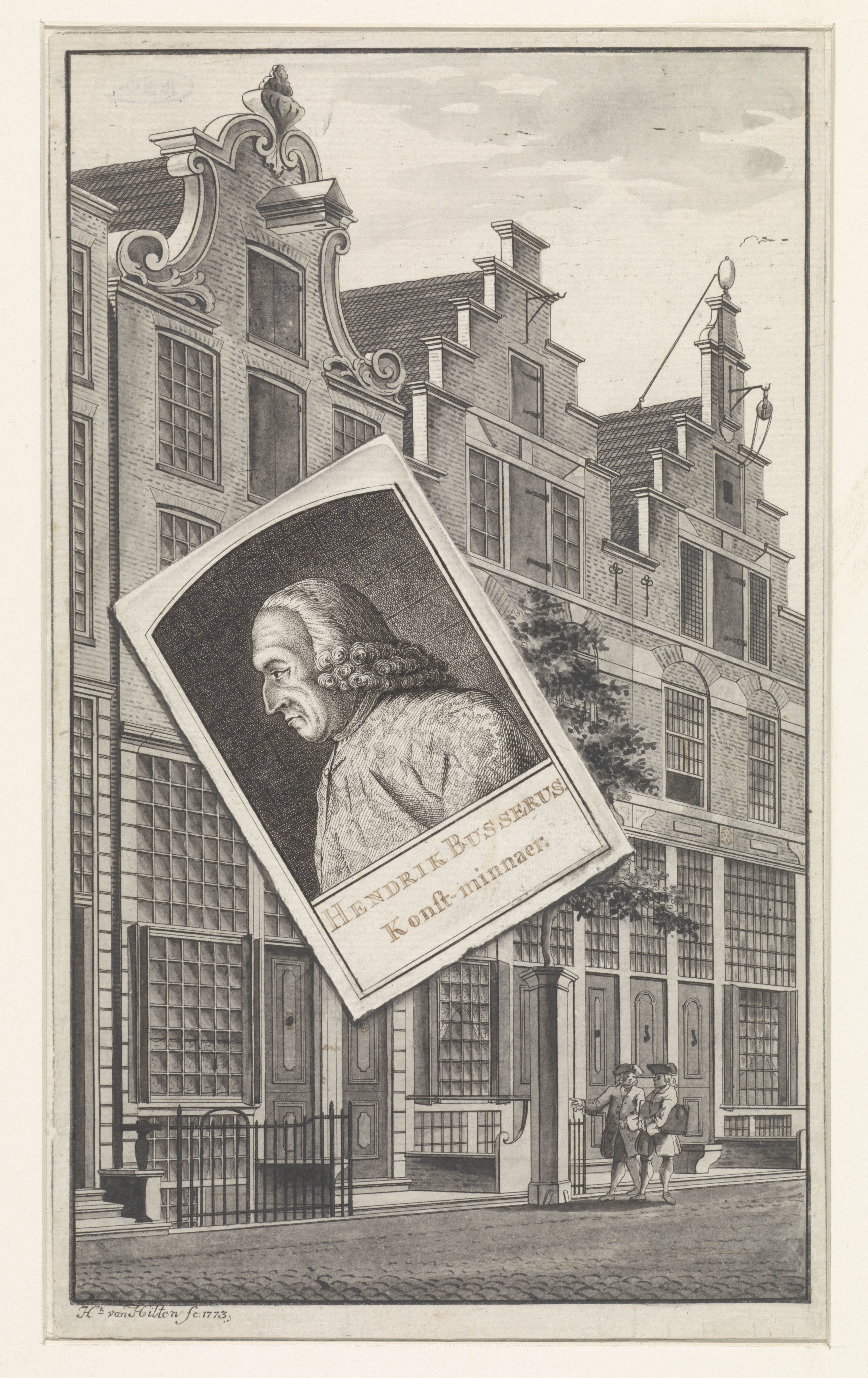 Portret van Hendrik Busserus; portret ligt als het ware op huizenrij met het huis van de voorgestelde