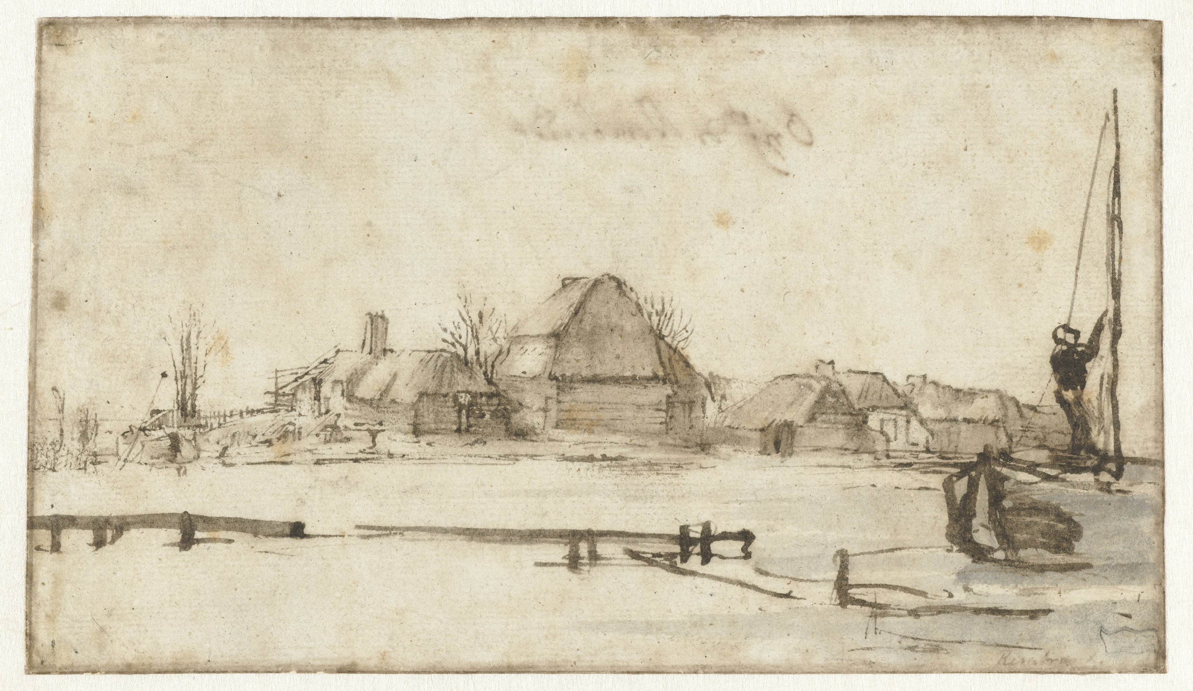 Winter View with a Waterway, Cottages and Two Boats