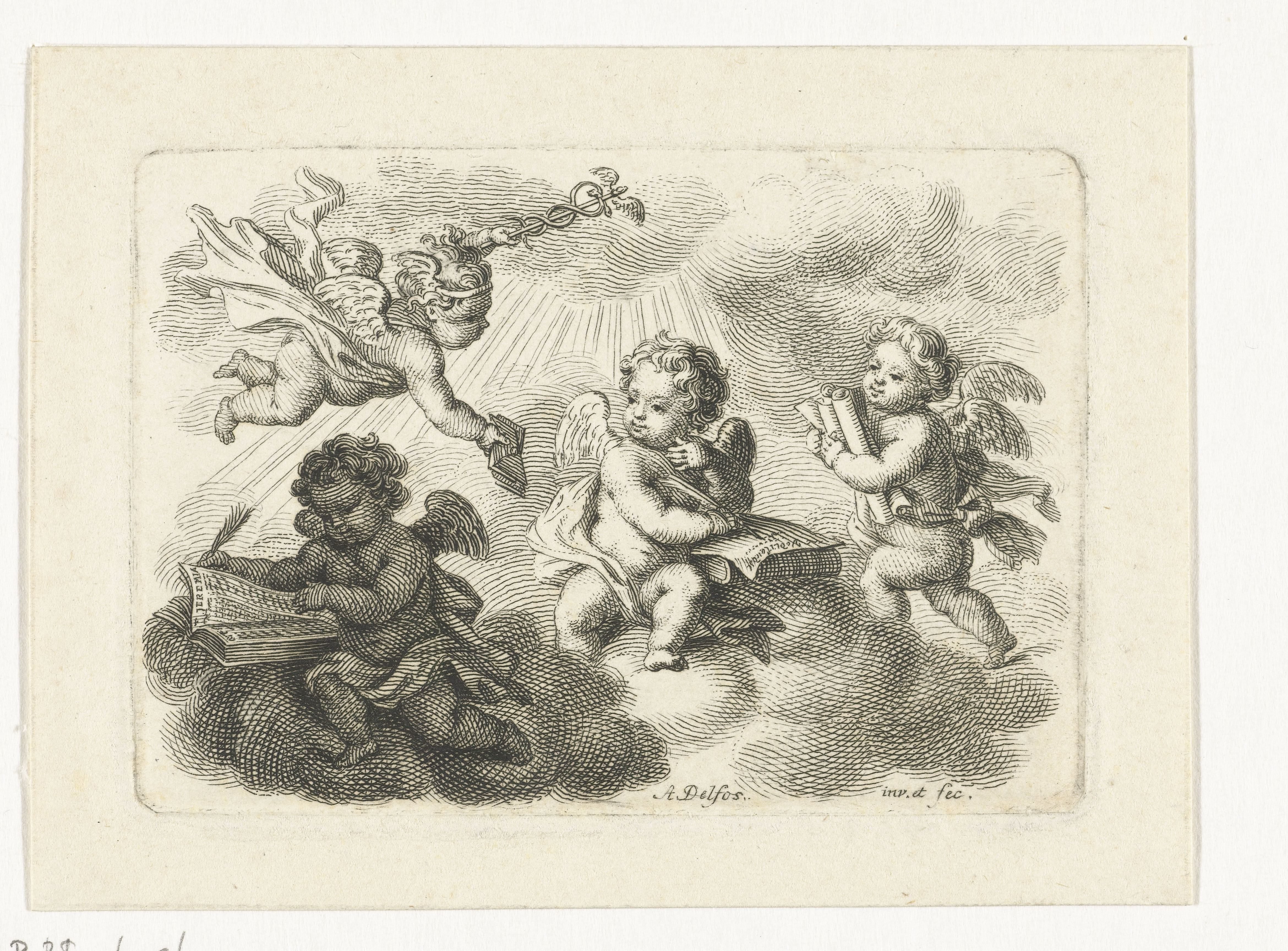 Allegorie op kunsten en wetenschappen met vier putti