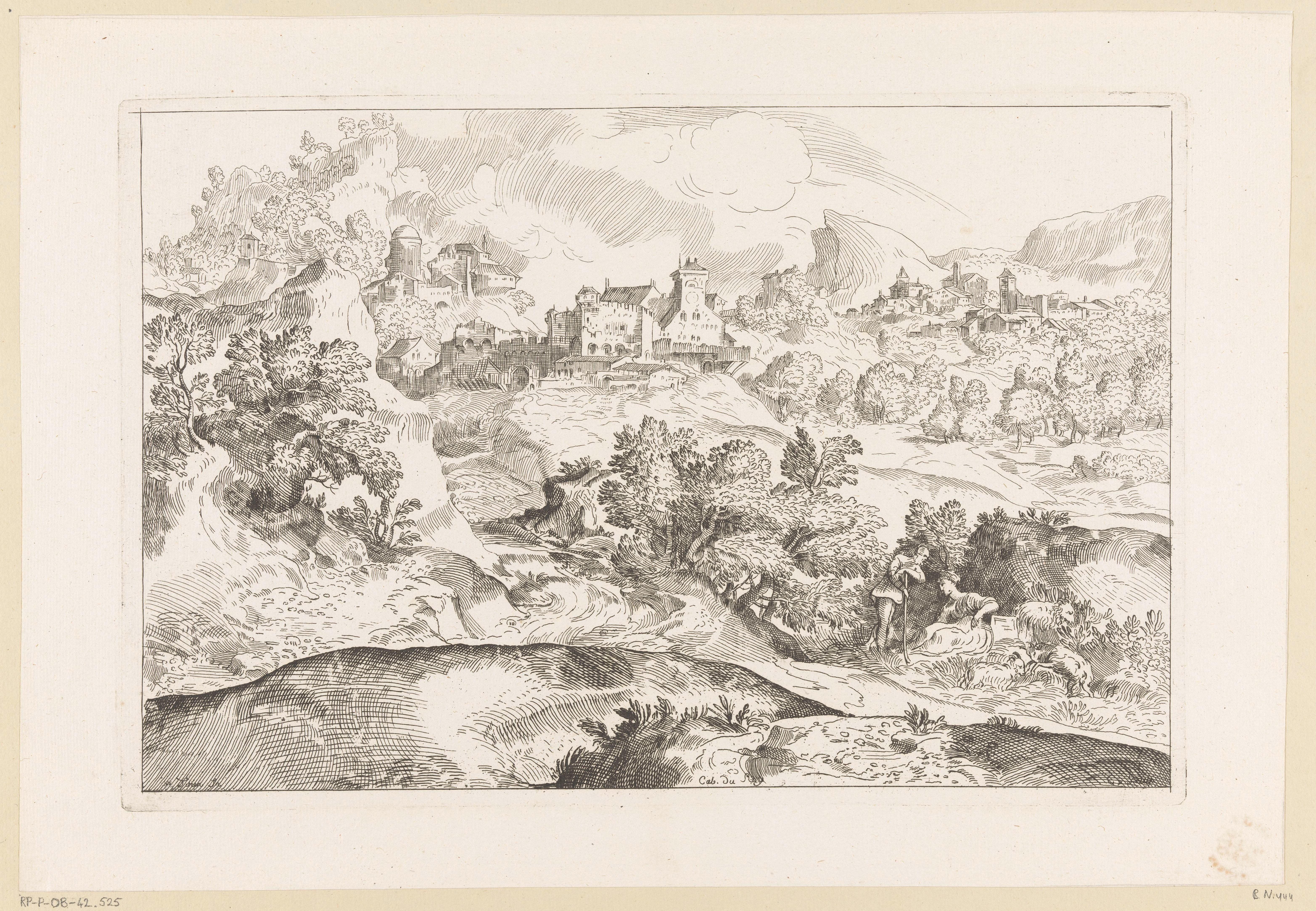 Berglandschap met herders en op de achtergrond twee dorpen