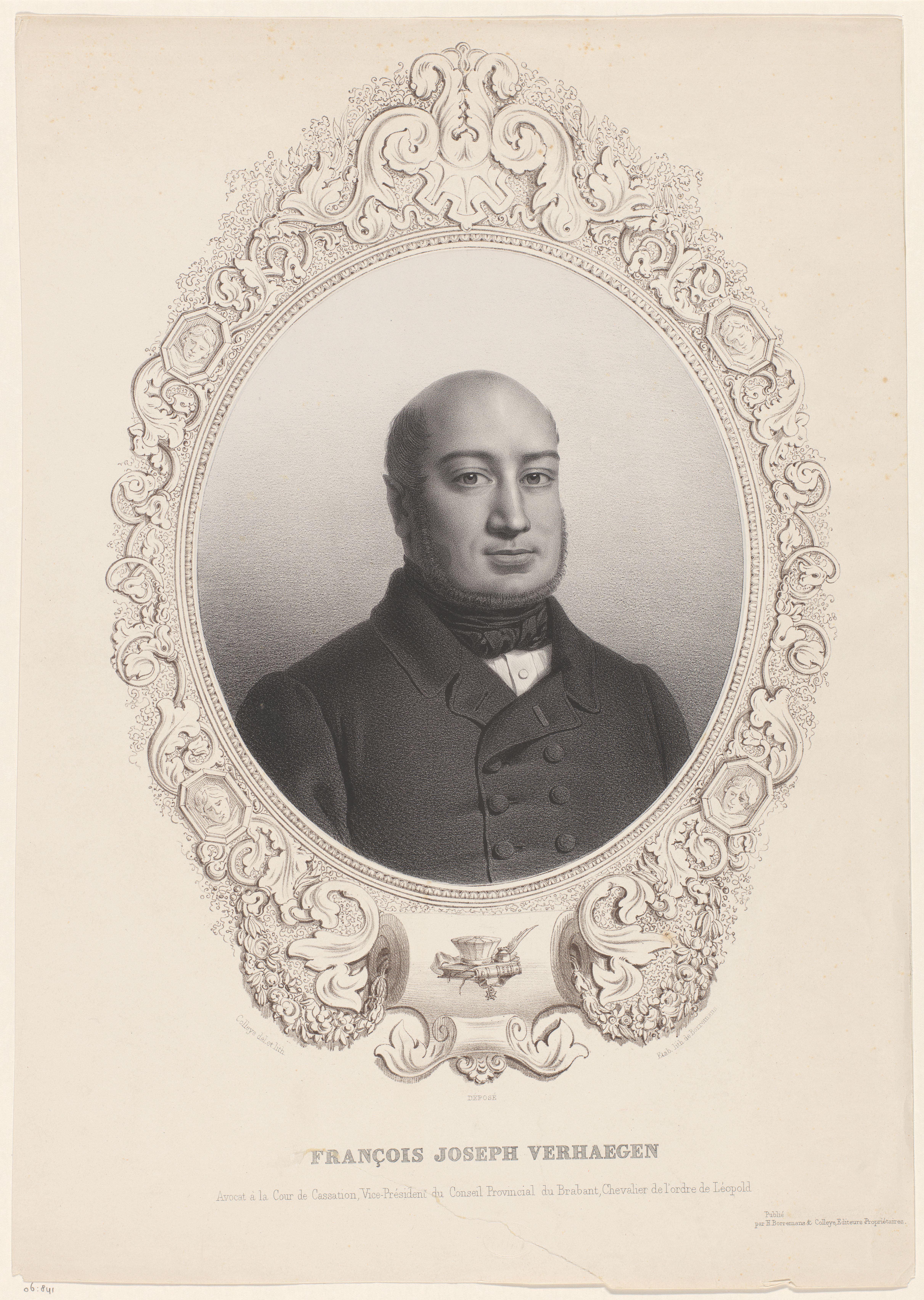 Portret van François Joseph Verhaegen in ornamenteel kader