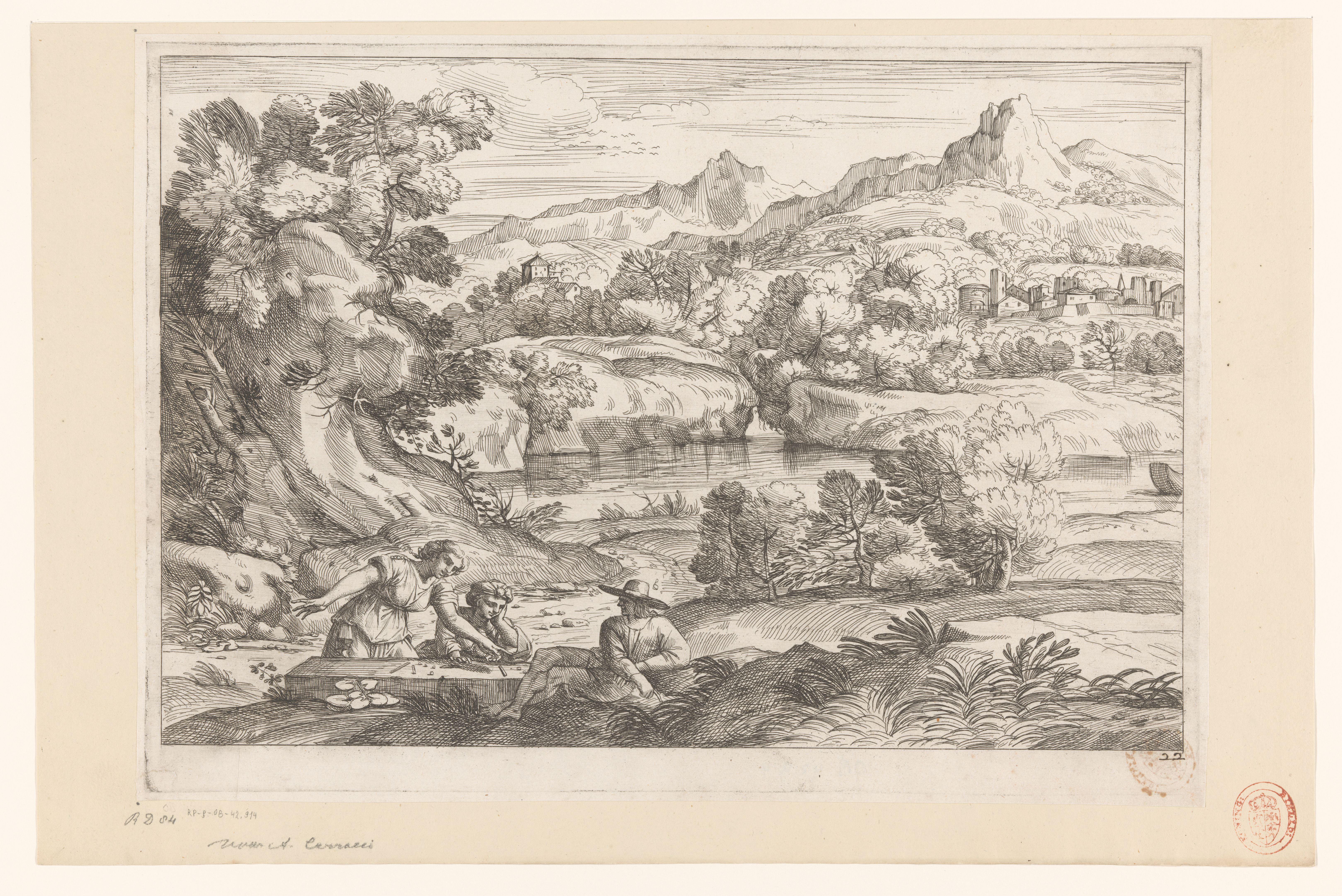 Rivierlandschap met spelende figuren