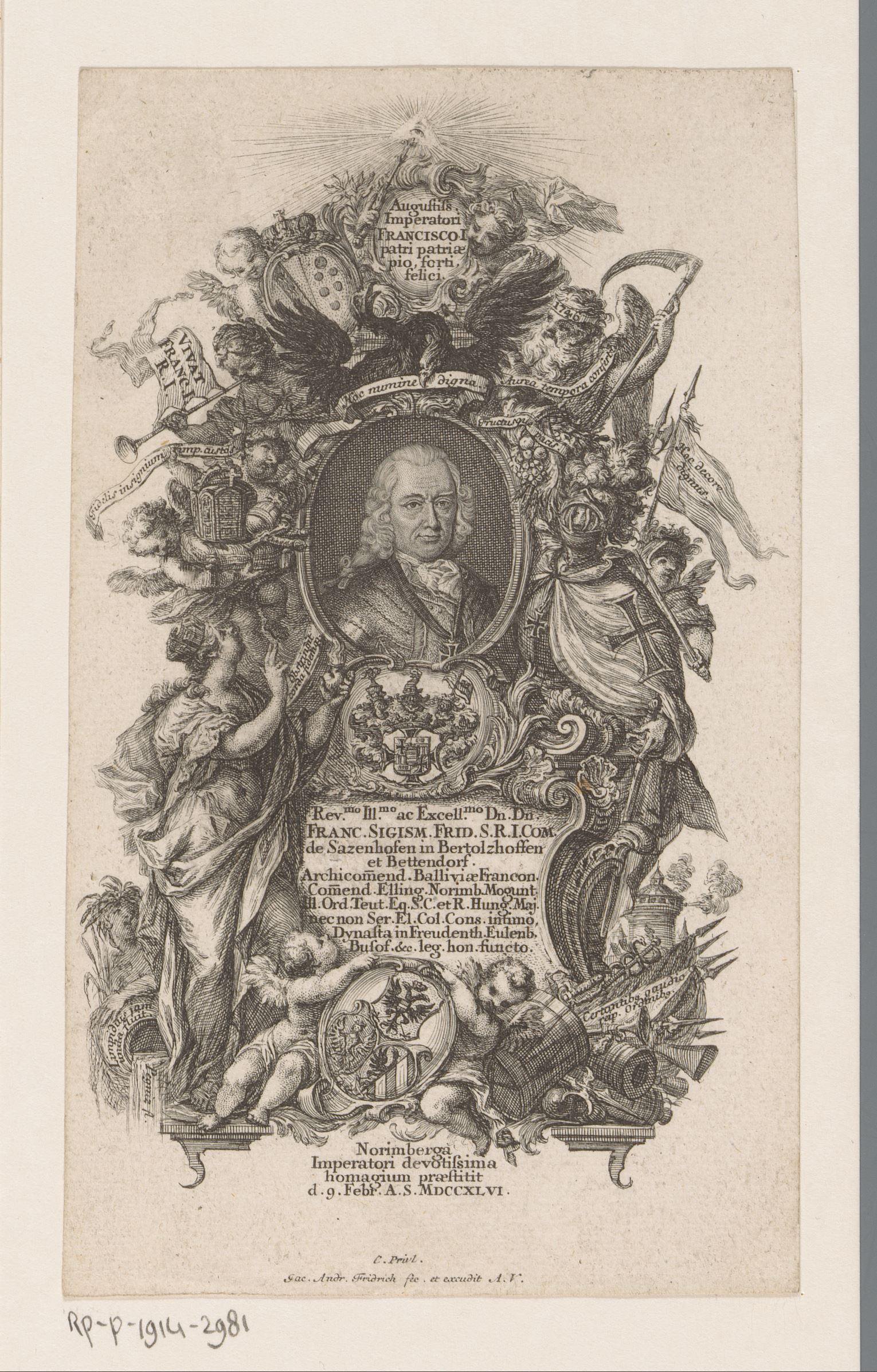 Portret van Franz Siegmund von Sazenhofen in allegorische omlijsting
