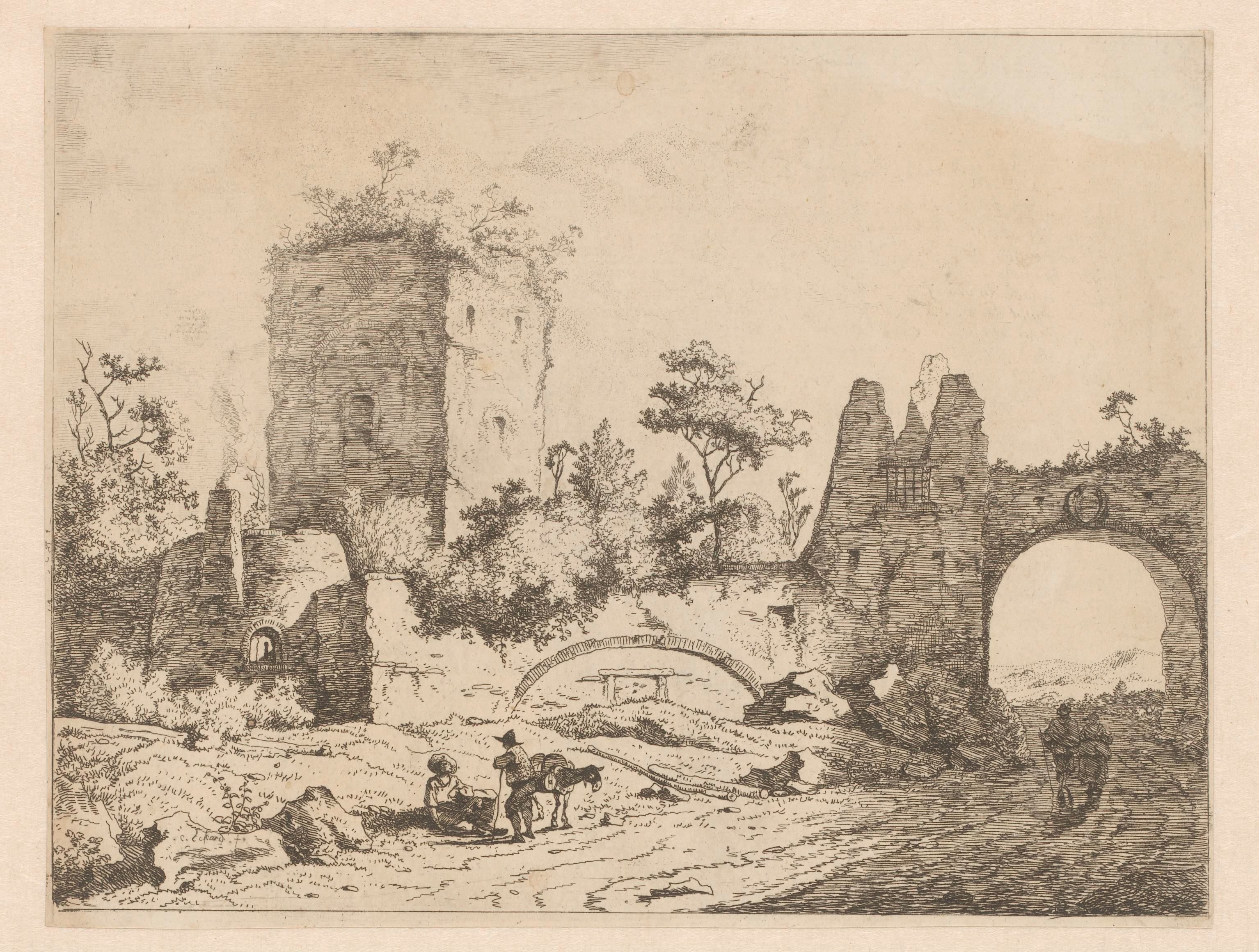 Landschap met ruïne van een toren en een poort