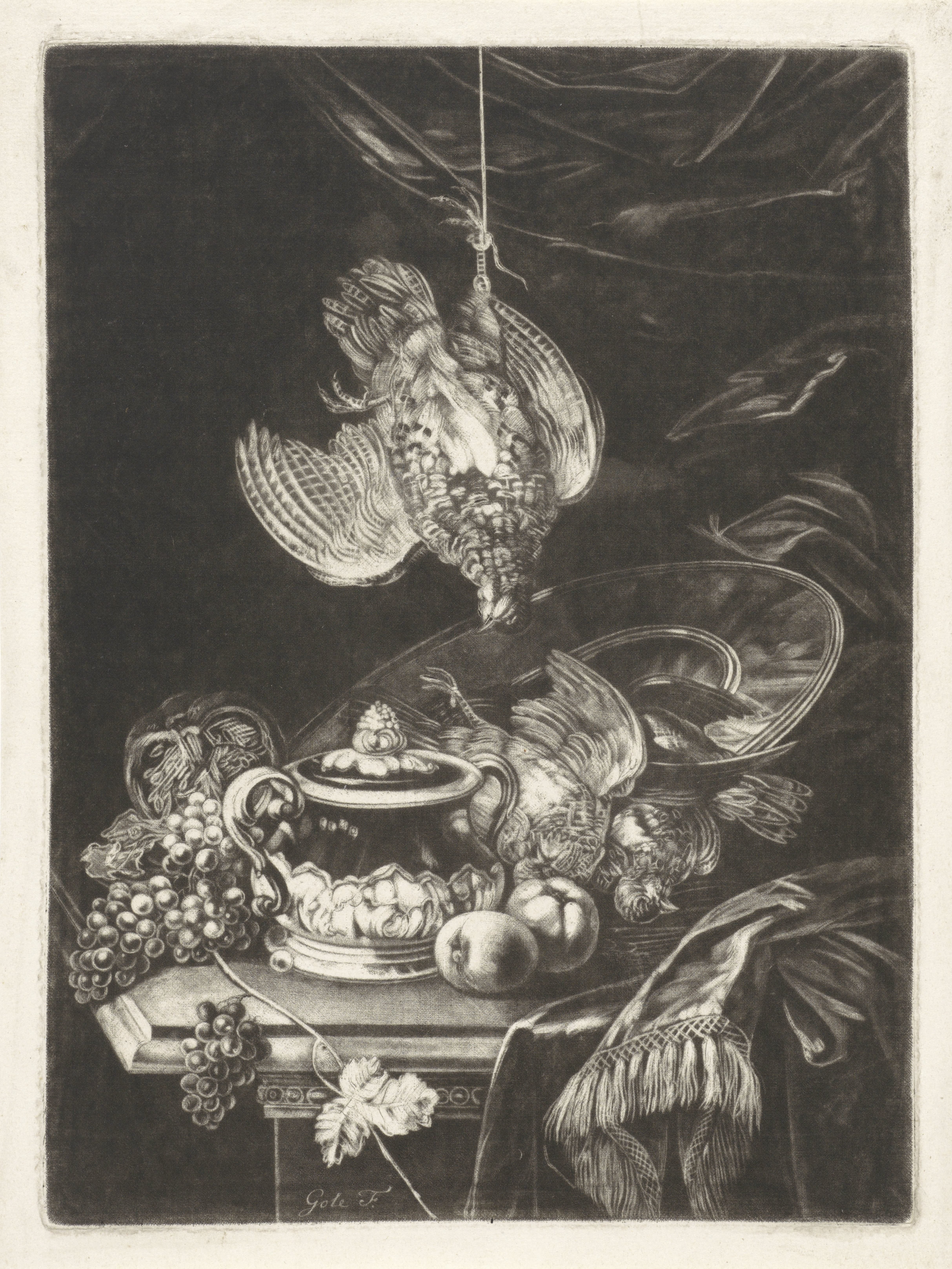 Stilleven met dode vogels, vruchten en servies