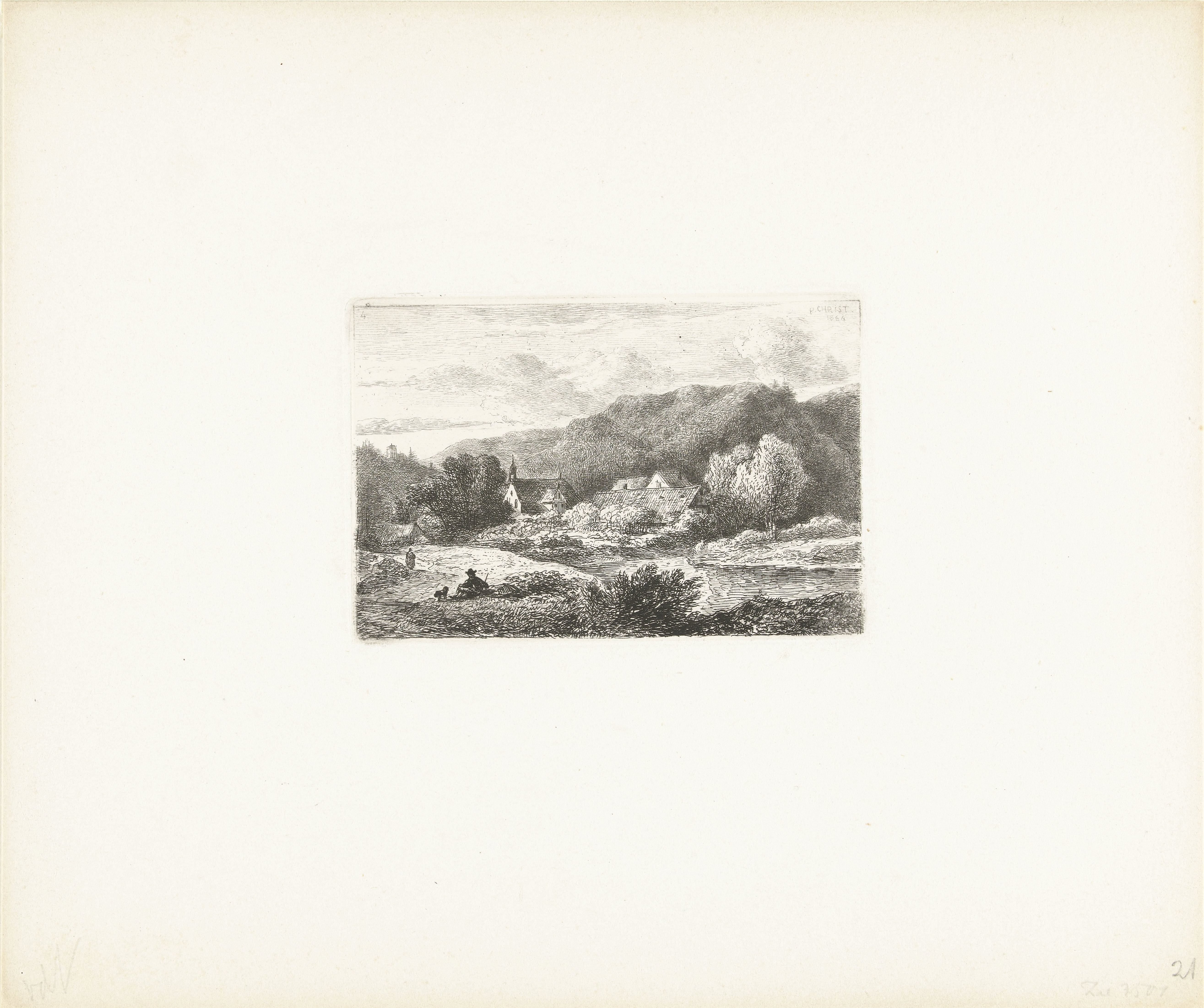 Heuvellandschap met kerkje en huizen