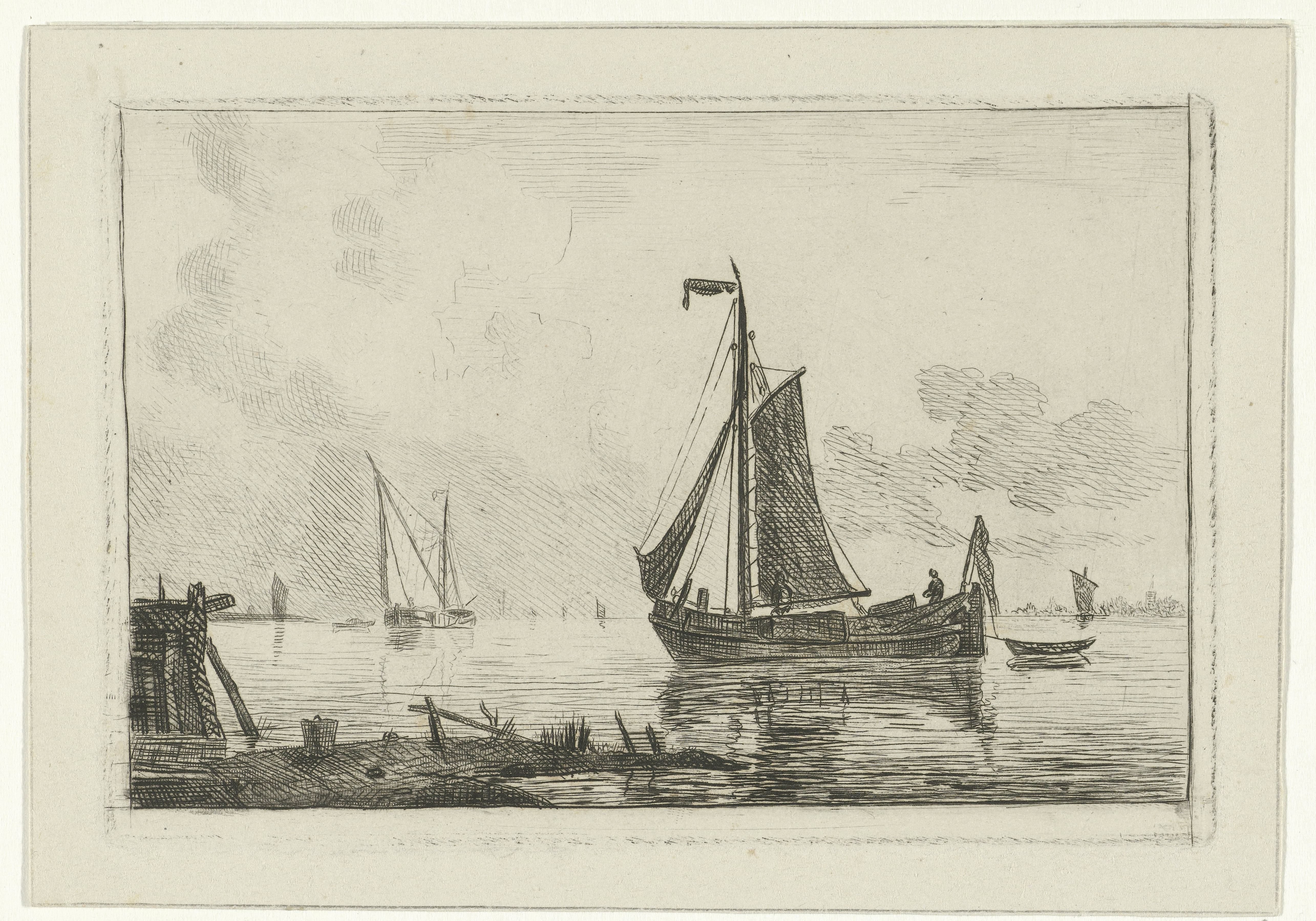 Riviergezicht met zeilschip