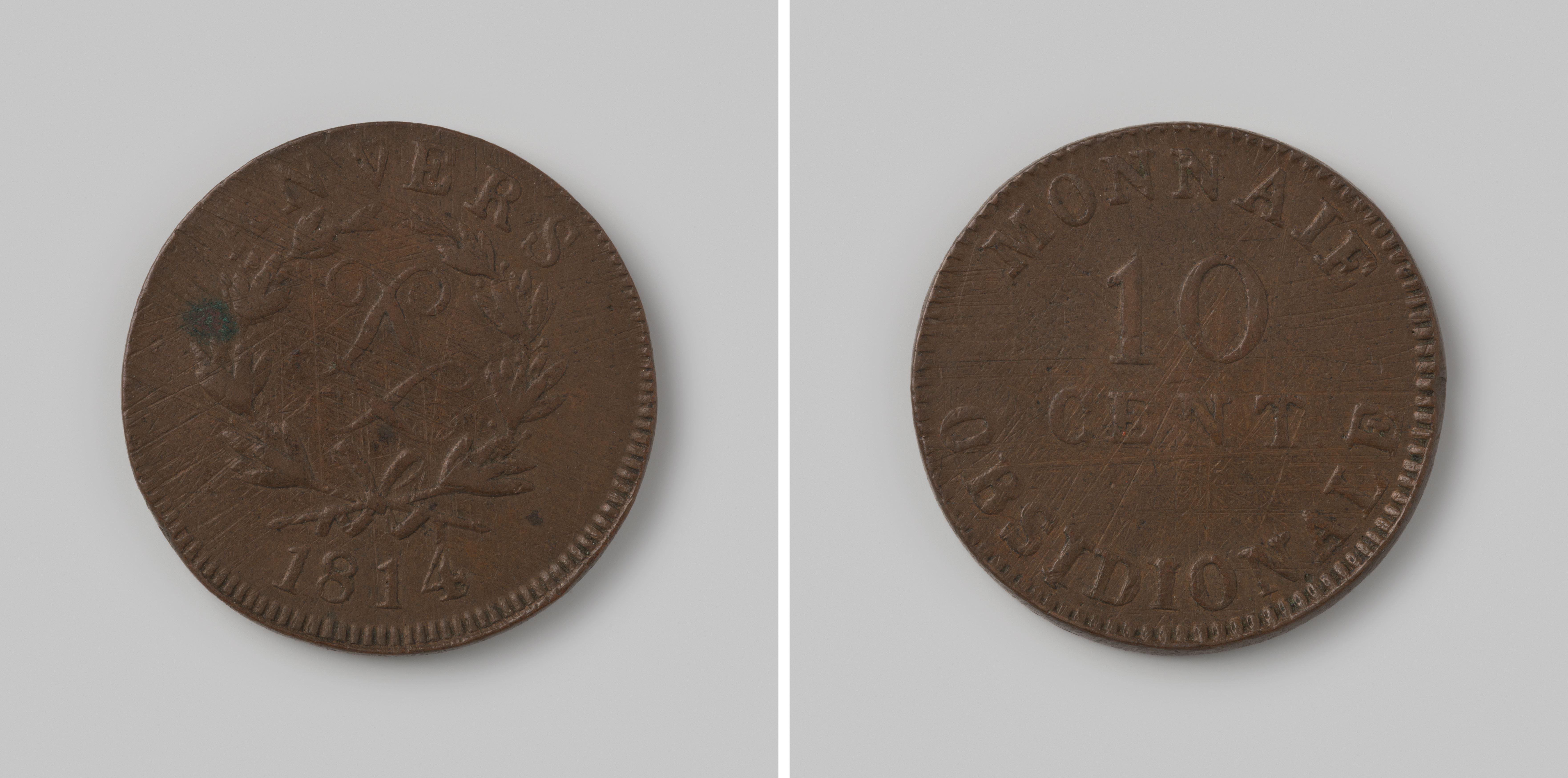 Tien centimes, noodmunt uit Antwerpen op naam van koning Lodewijk XVIII, 1814