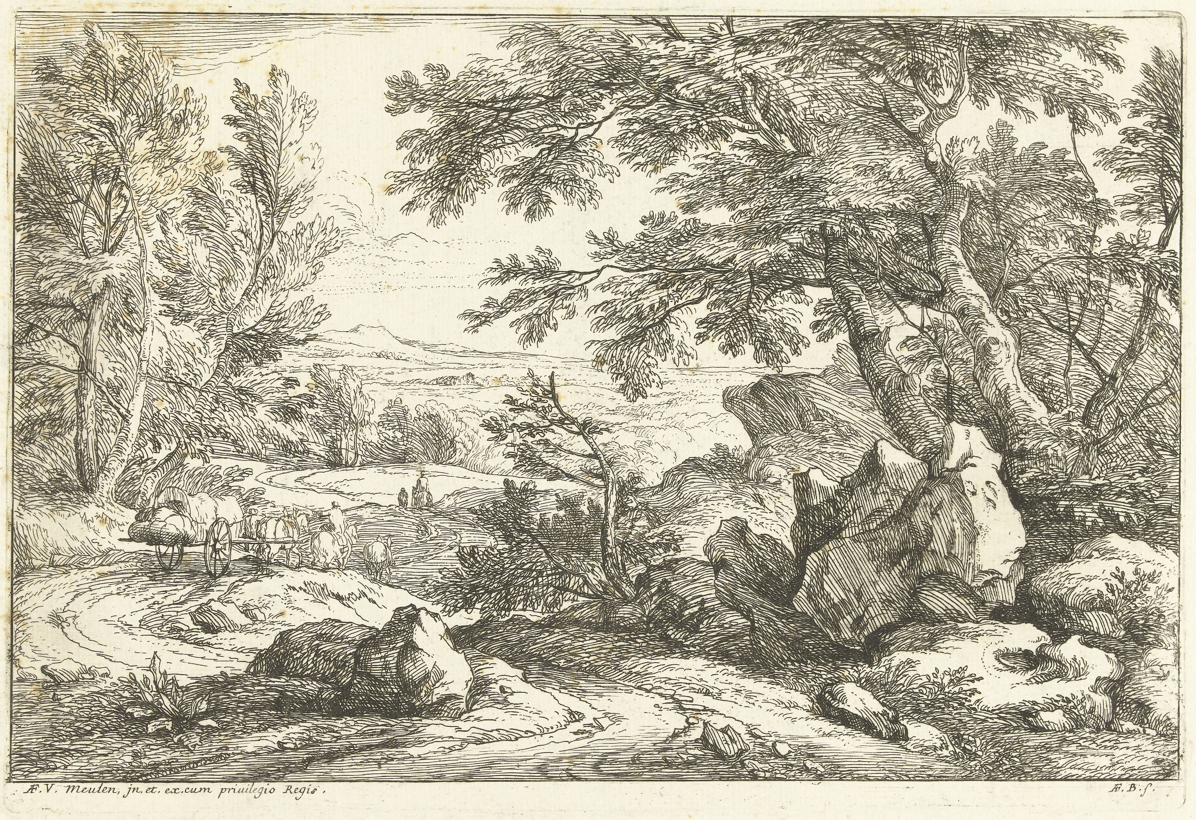 Landschap met paard en wagen op een weg