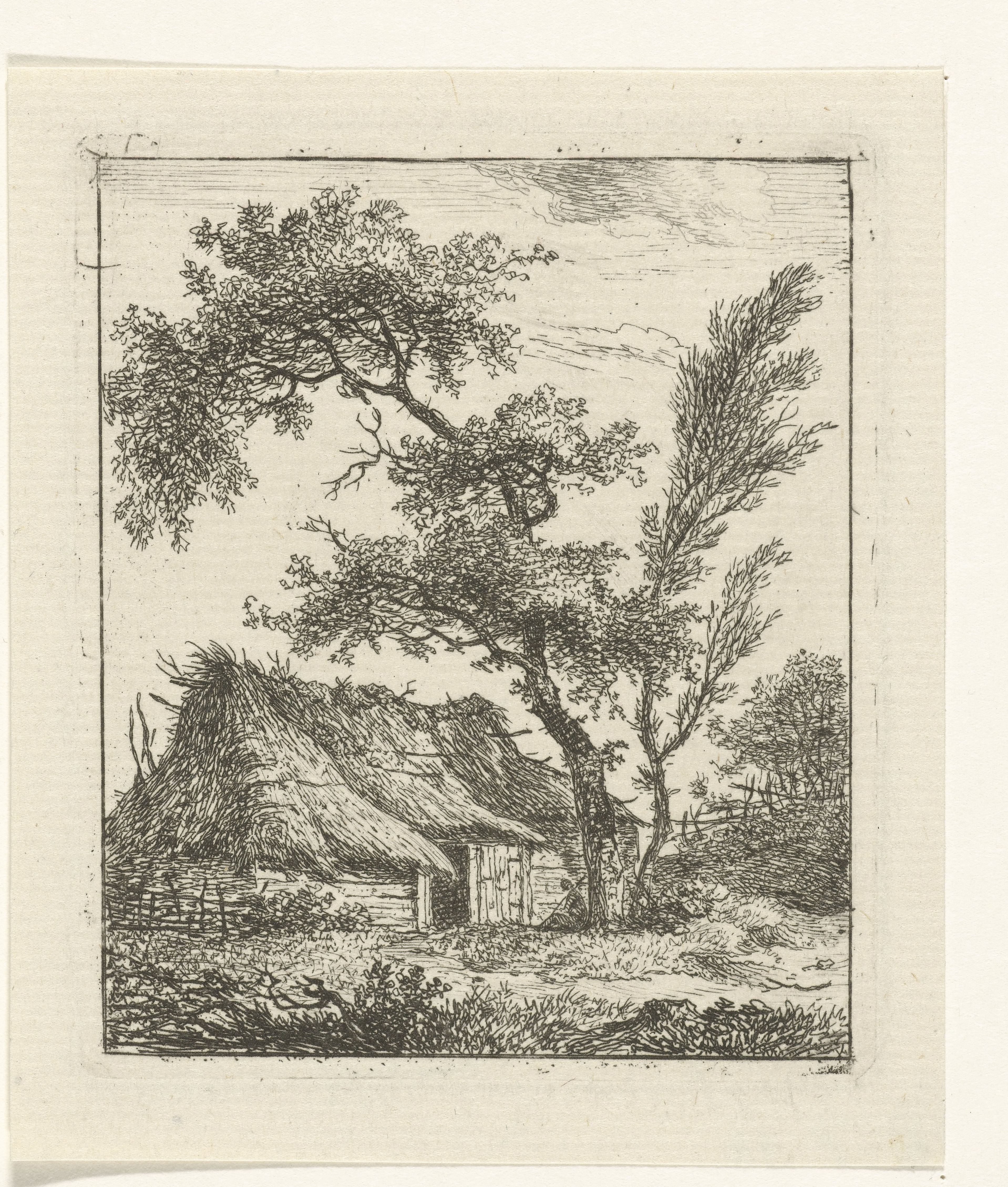 Boerderij met rieten dak en twee bomen