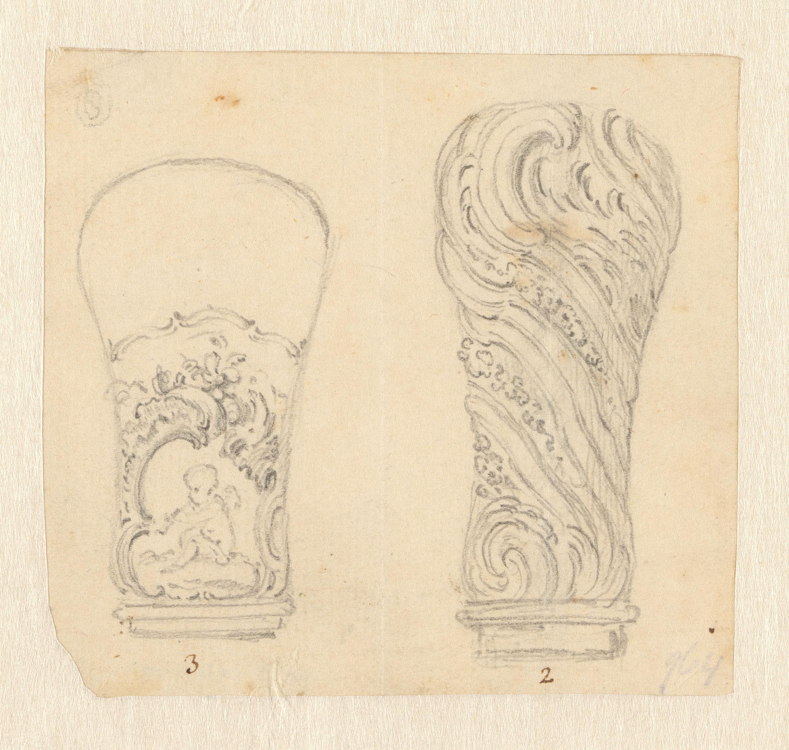 Ontwerp voor twee wandelstokknoppen, links met een fluitspelende putto in een cartouche met rocailles en bloemen, rechts getorst, met bloemslingers