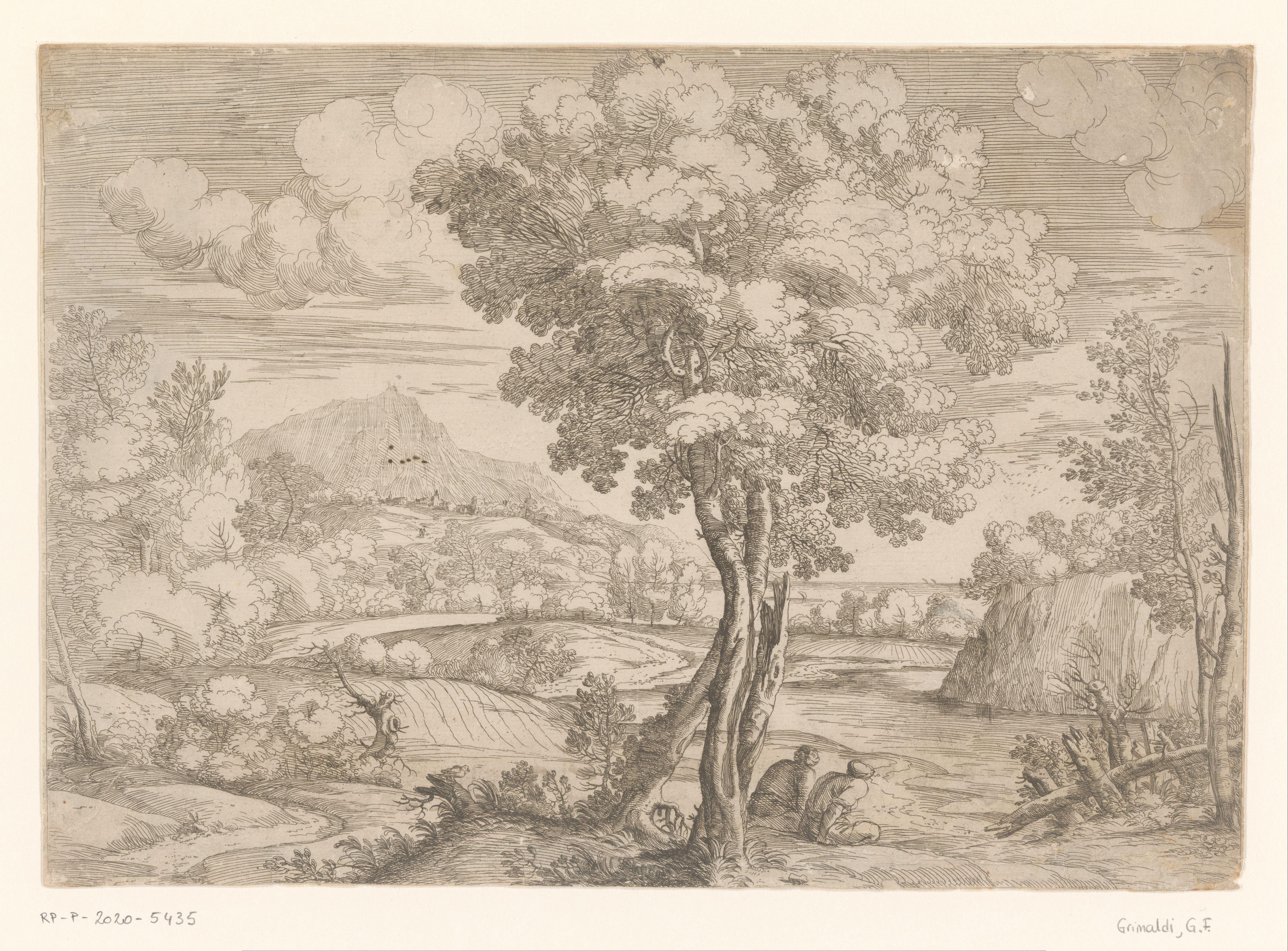 Landschap met vogel op boomstronk