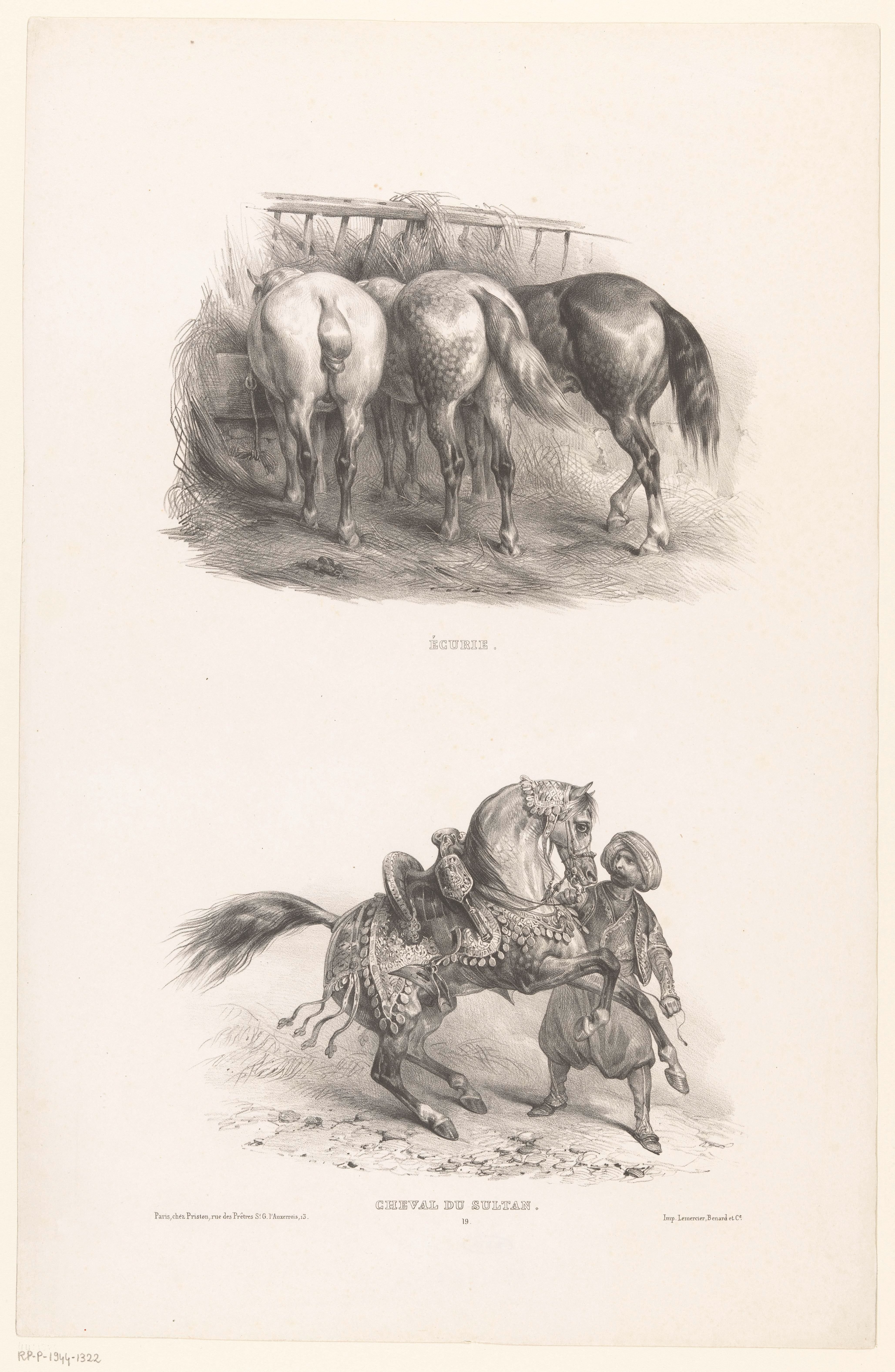 Twee voorstellingen met een stal met drie paarden en het paard van de Sultan
