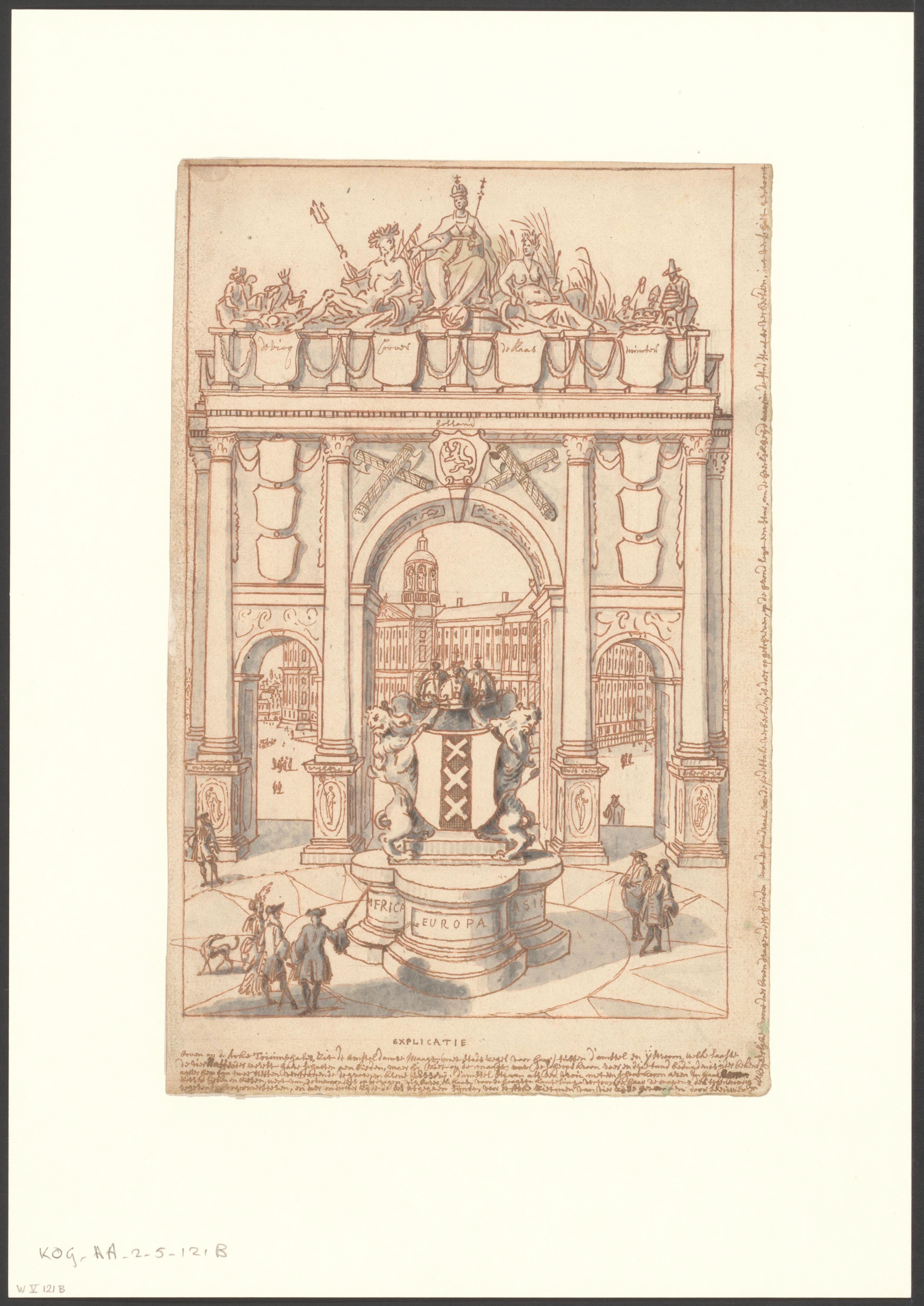Triomfboog op de Dam, met de wapenschilden van de burgemeesters François de Vicq, Joan Corver, Jeronimo de Haze en Cornelis Munter