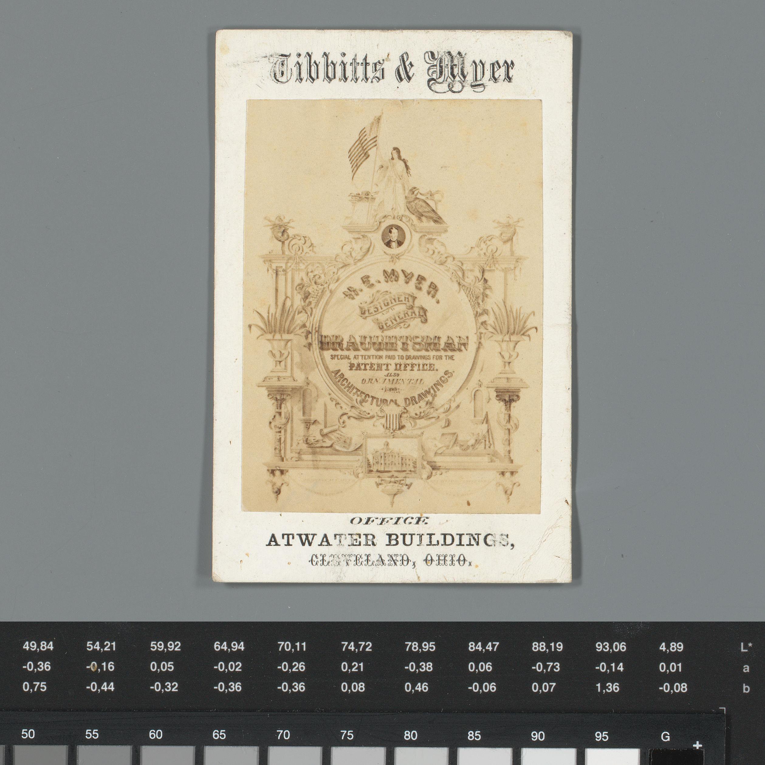 Reclame voor Tibbits & Myer in Cleveland, Ohio, met een fotoreproductie van een decoratieve prent