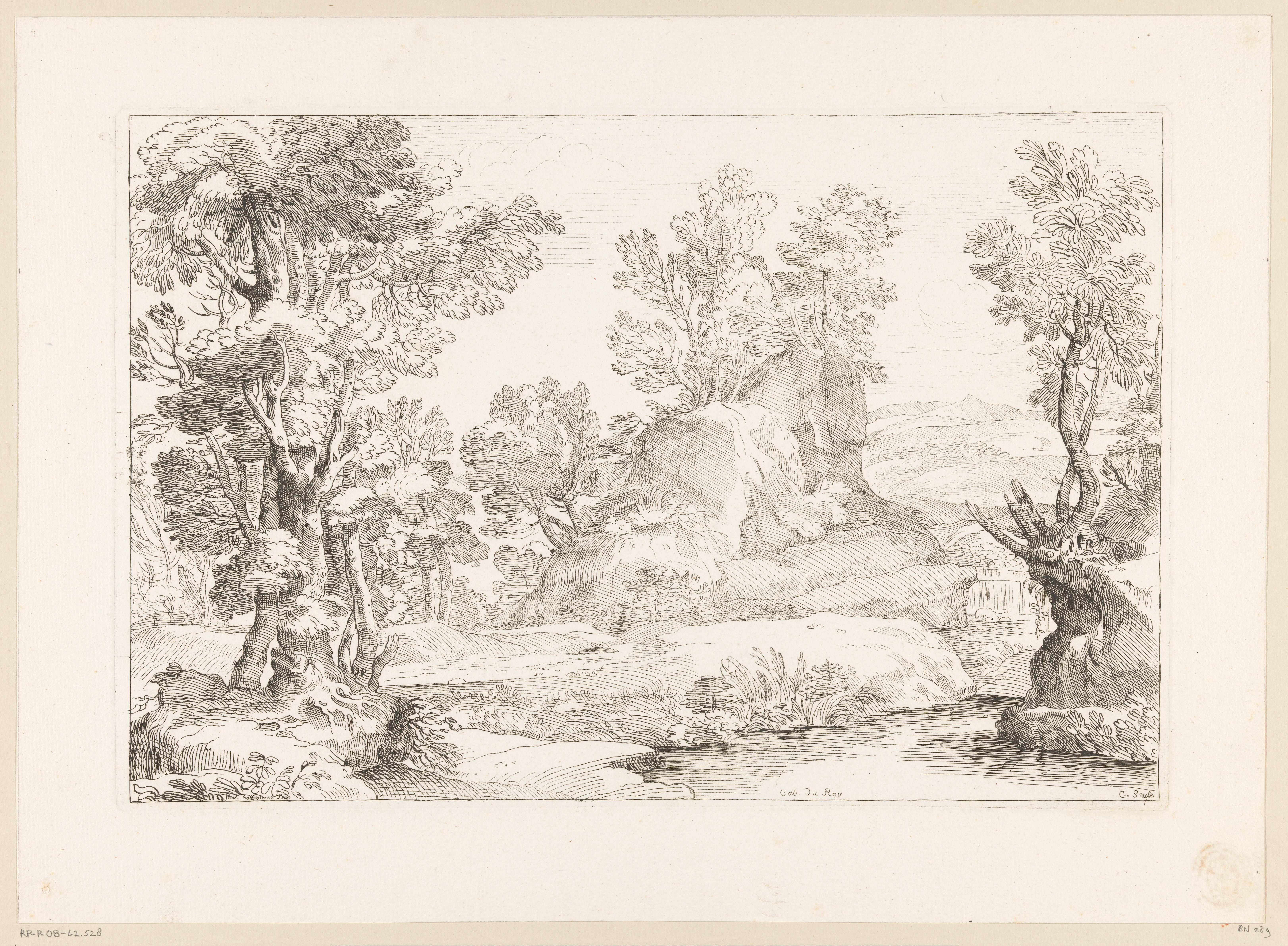 Boslandschap met een beek en een rots waarop bomen