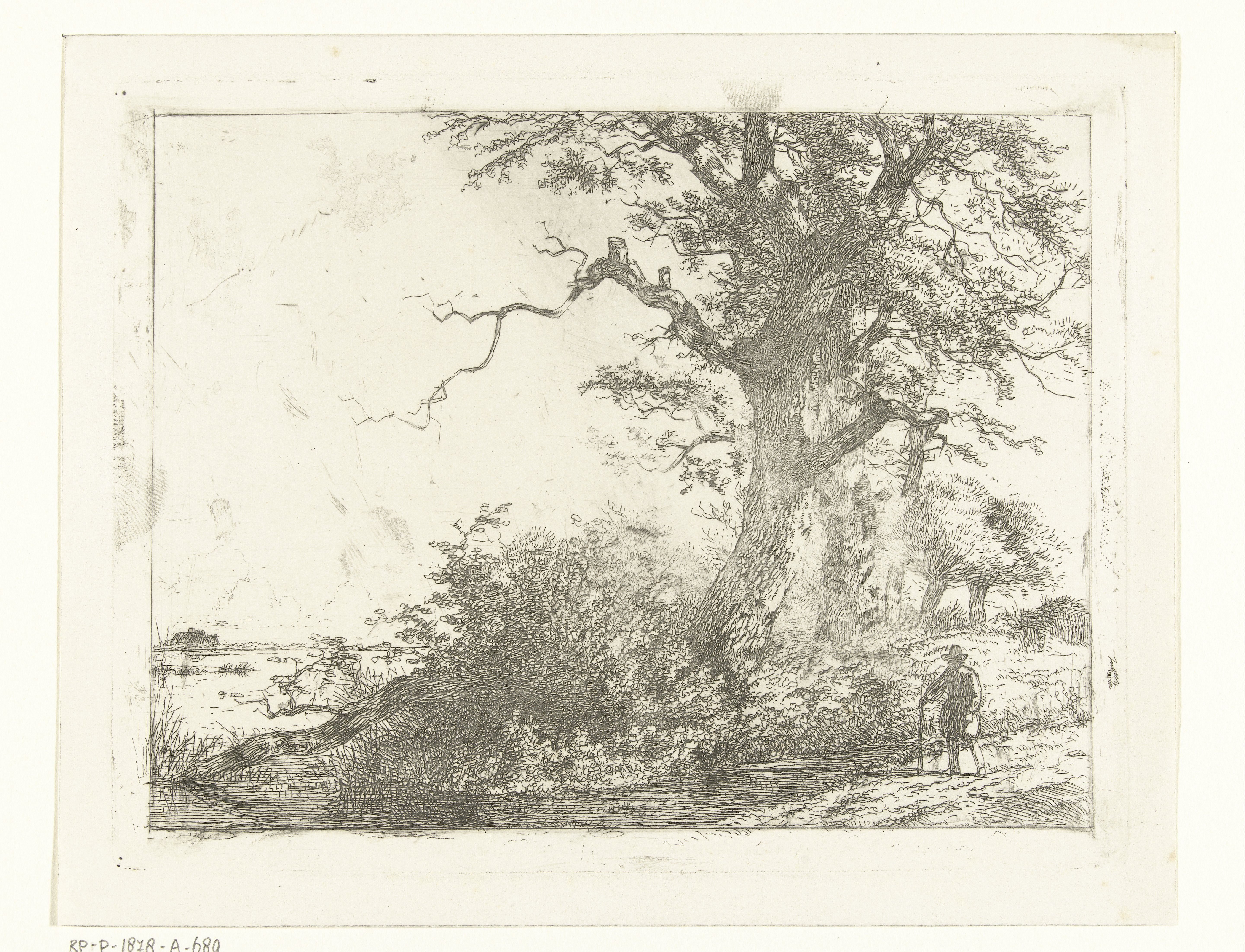 Landschap met eikebomen en man bij water