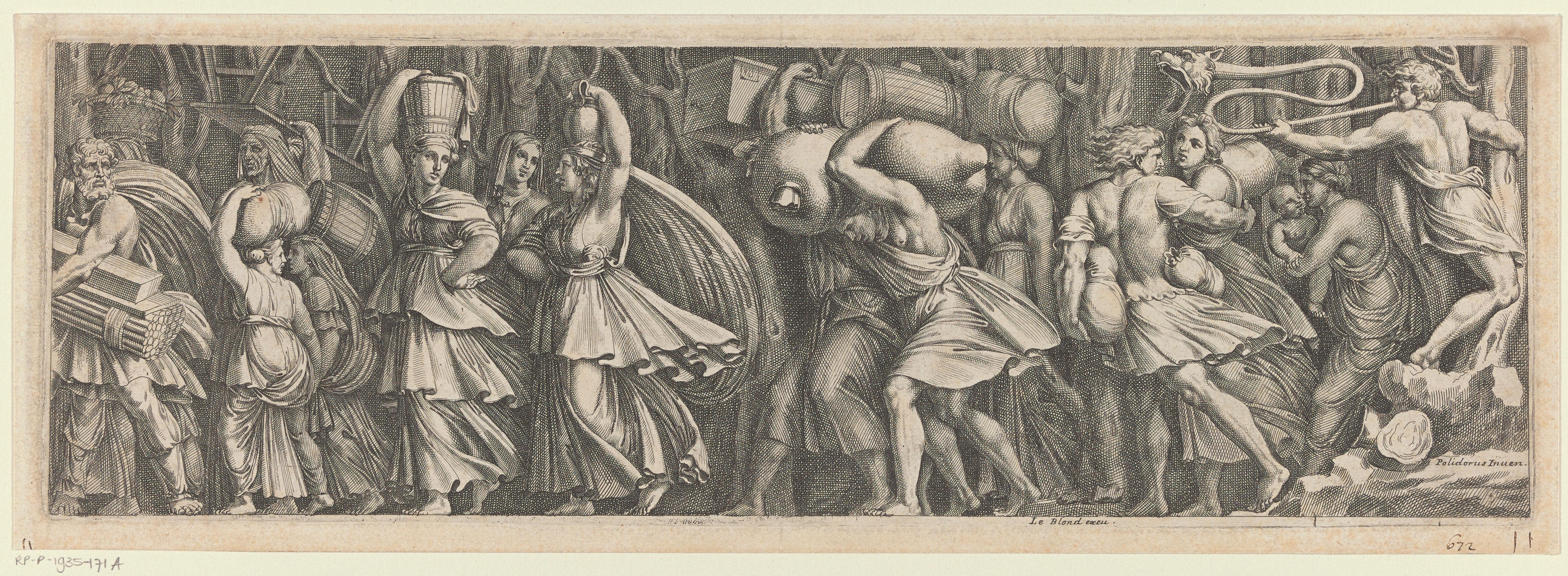 Processie van mannen en vrouwen met proviand
