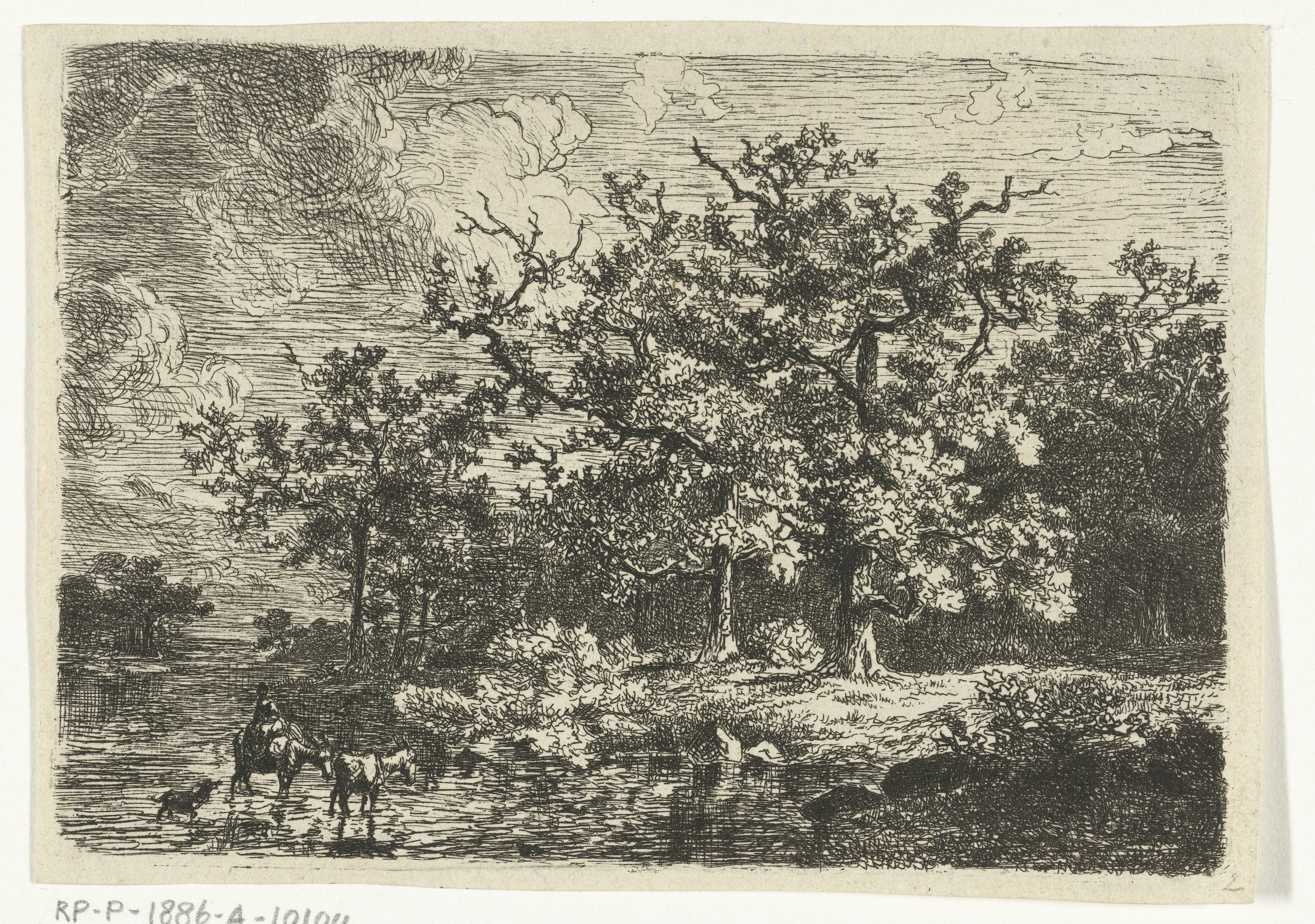 Landschap met bomen en vrouw op ezel in ondiep water