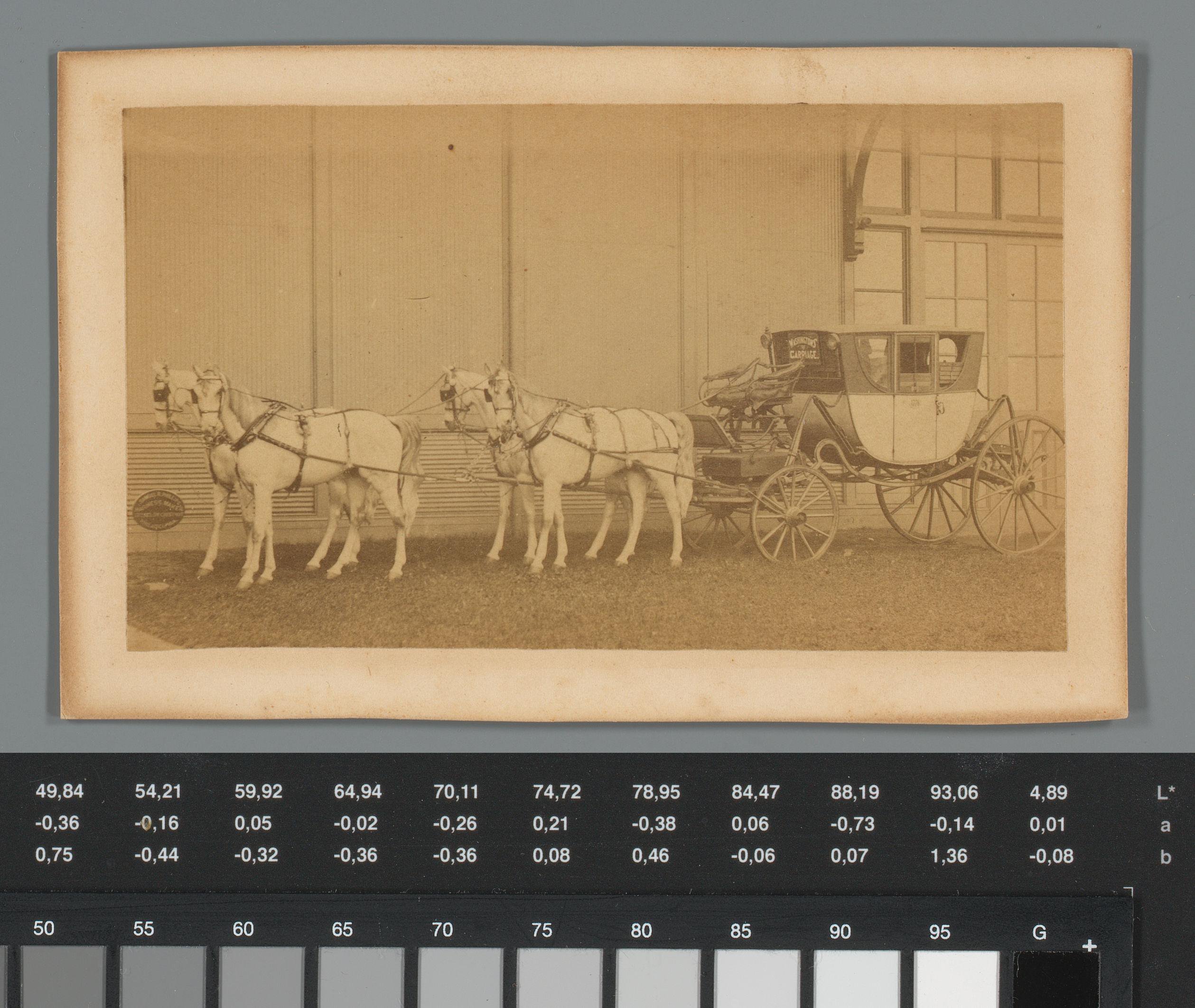 Gezicht op een koets met paarden met reclame voor Samuel R. Phillips Harness, Saddles & Trunks, Philadelphia