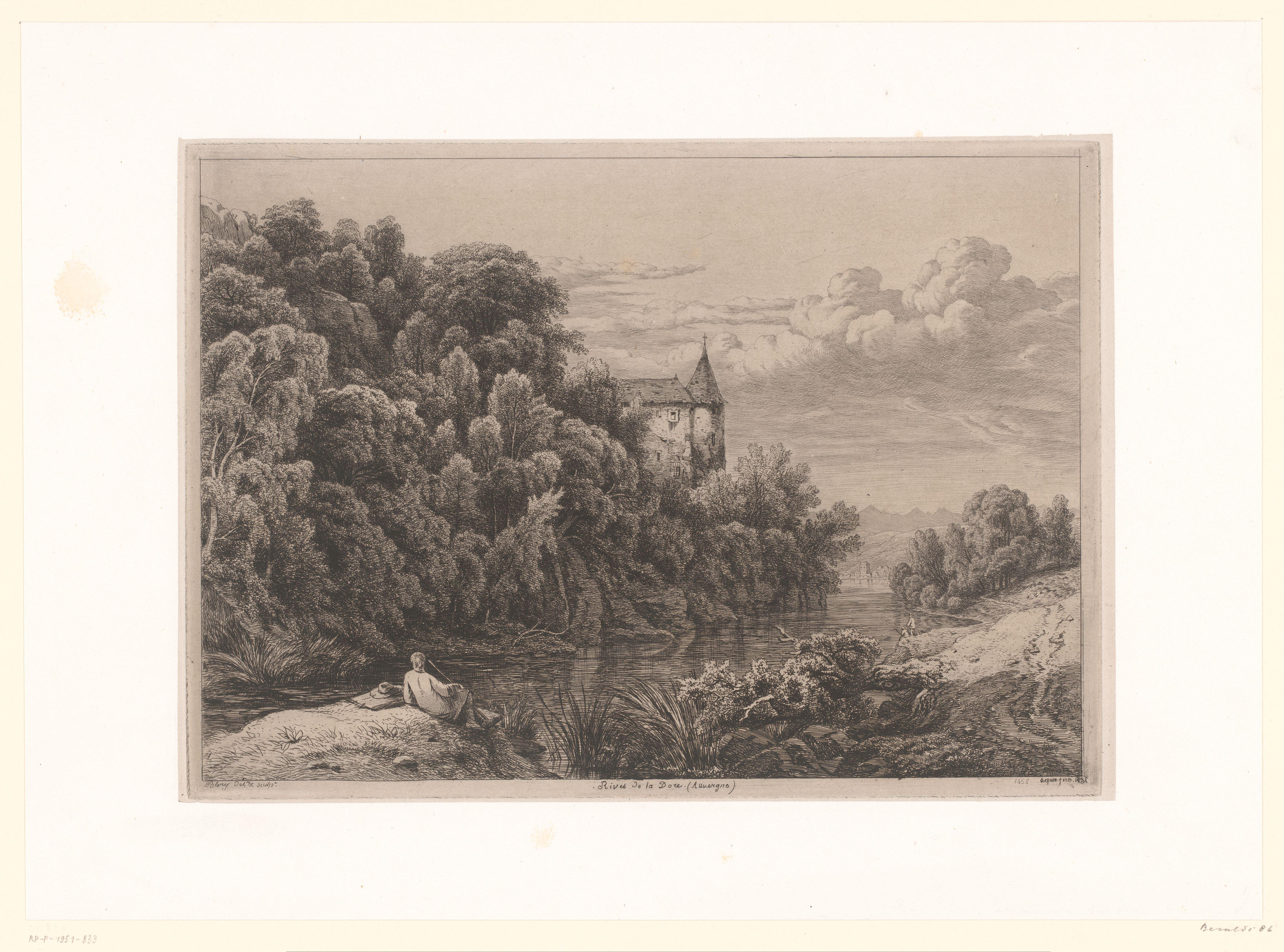 Landschap met zicht op brede rivier en vissers