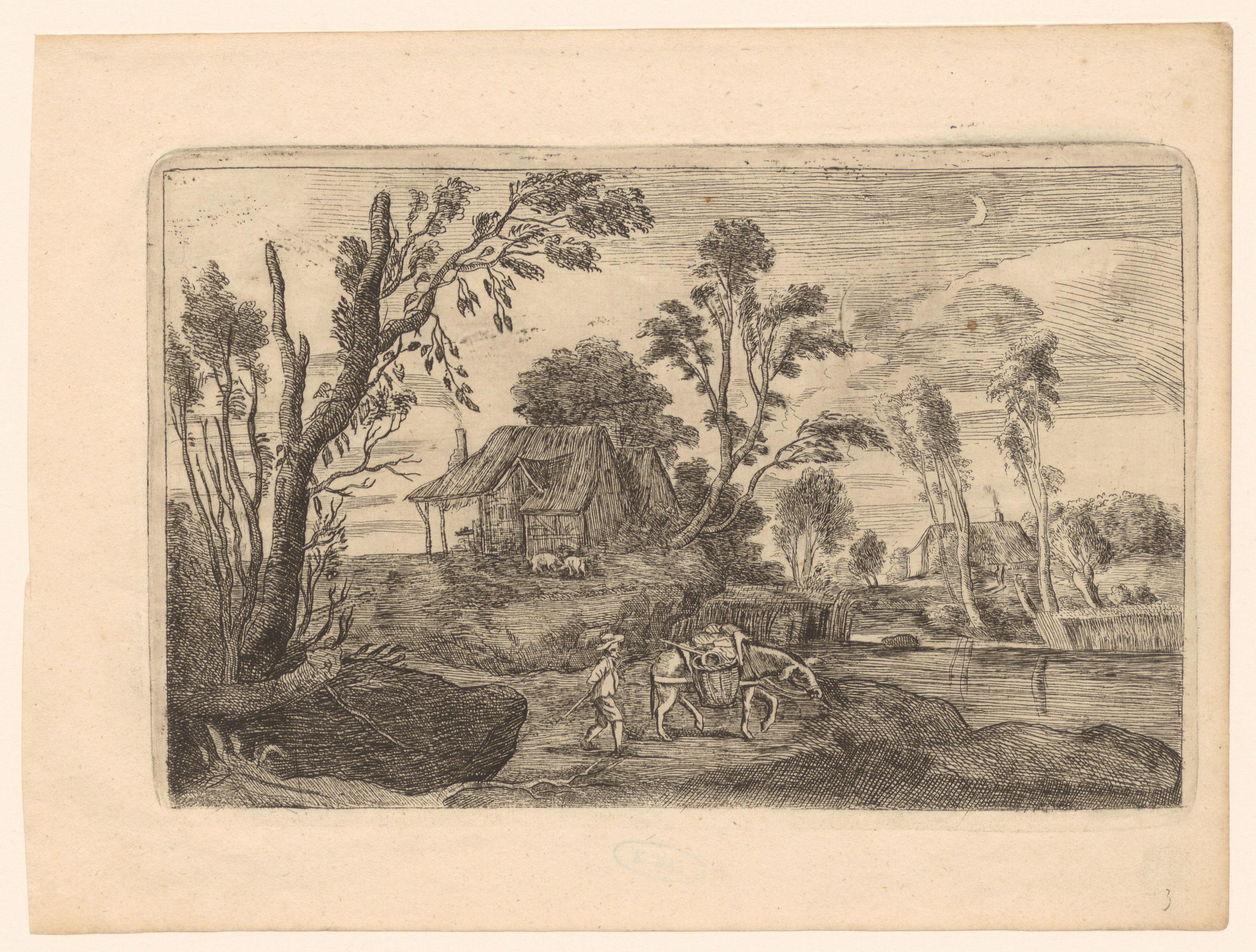 Landschap bij maanlicht met boerderij en man met ezel bij een water