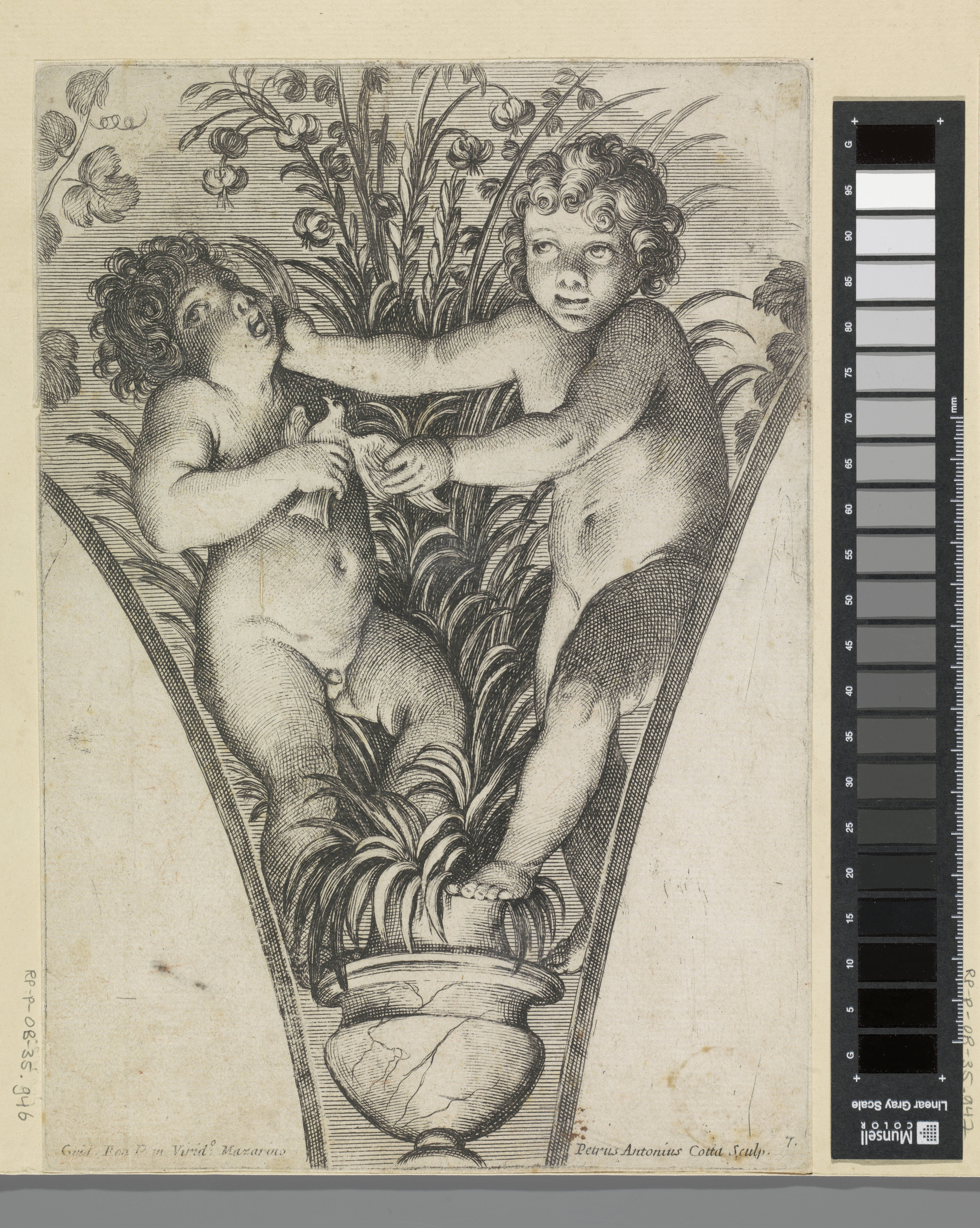 Twee putti, vechtend om een vogel, bij een plant in pot
