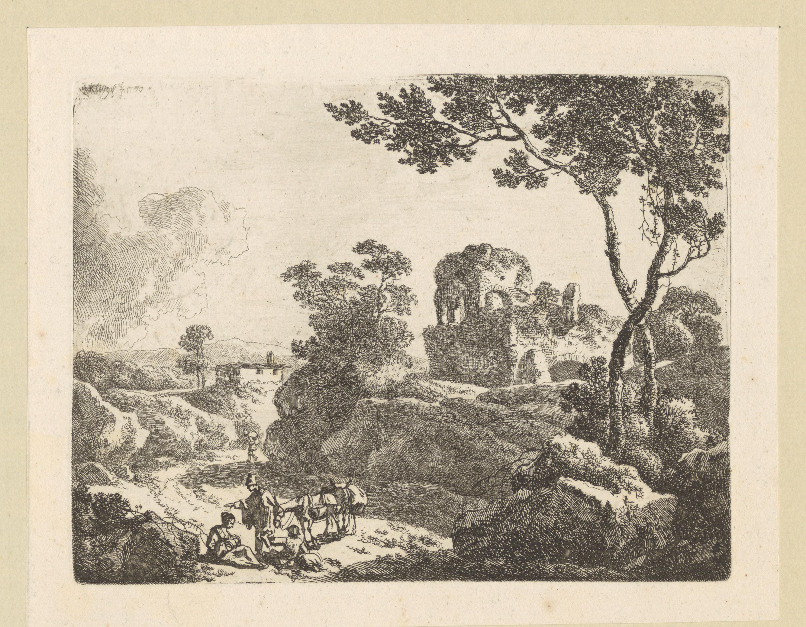 Landschap met ruïne en rustende reizigers bij hun ezels