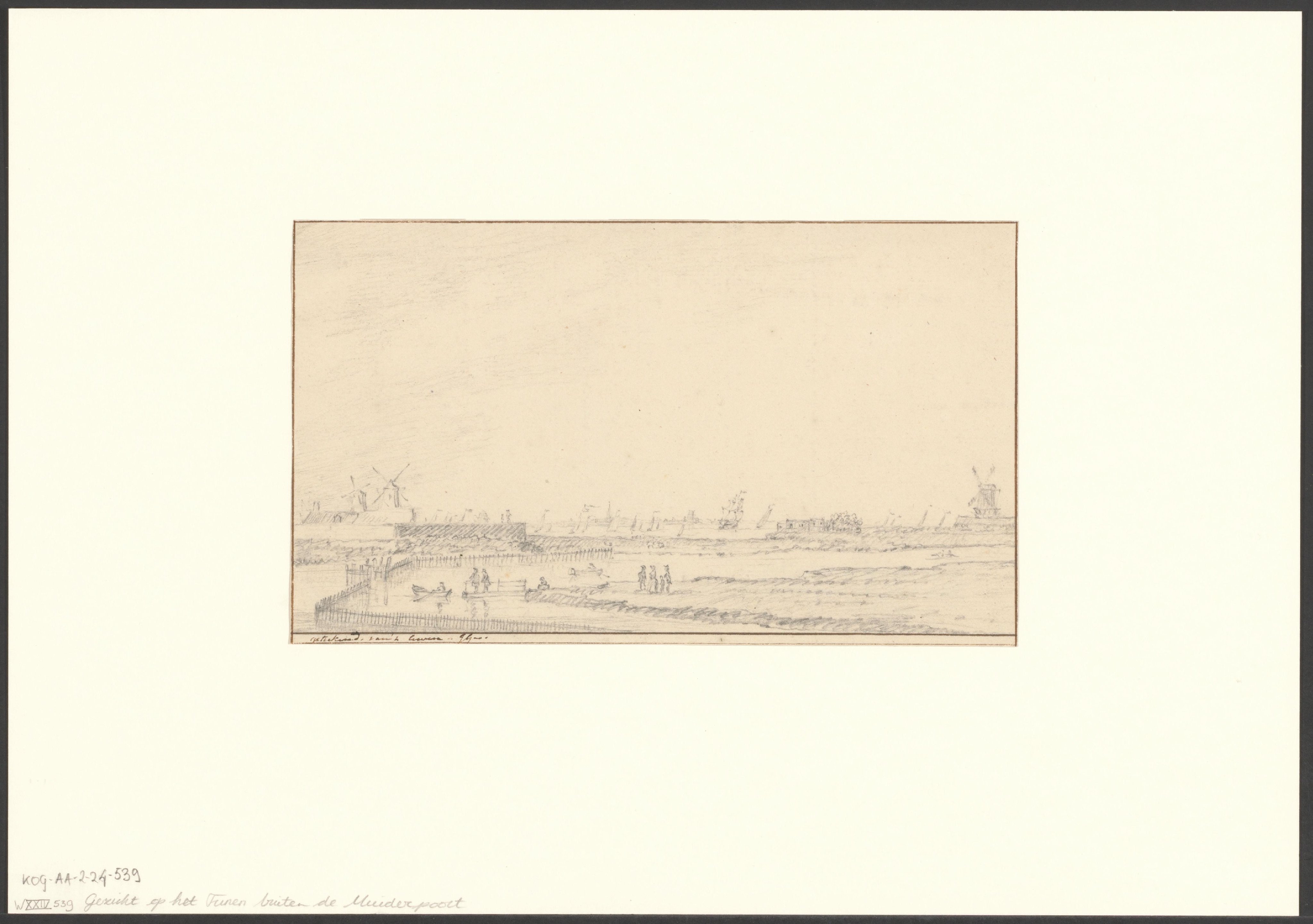 Gezicht op het Funen met links het bolwerk Zeeburg met molen De Zon en rechts de Nieuwe Vaart