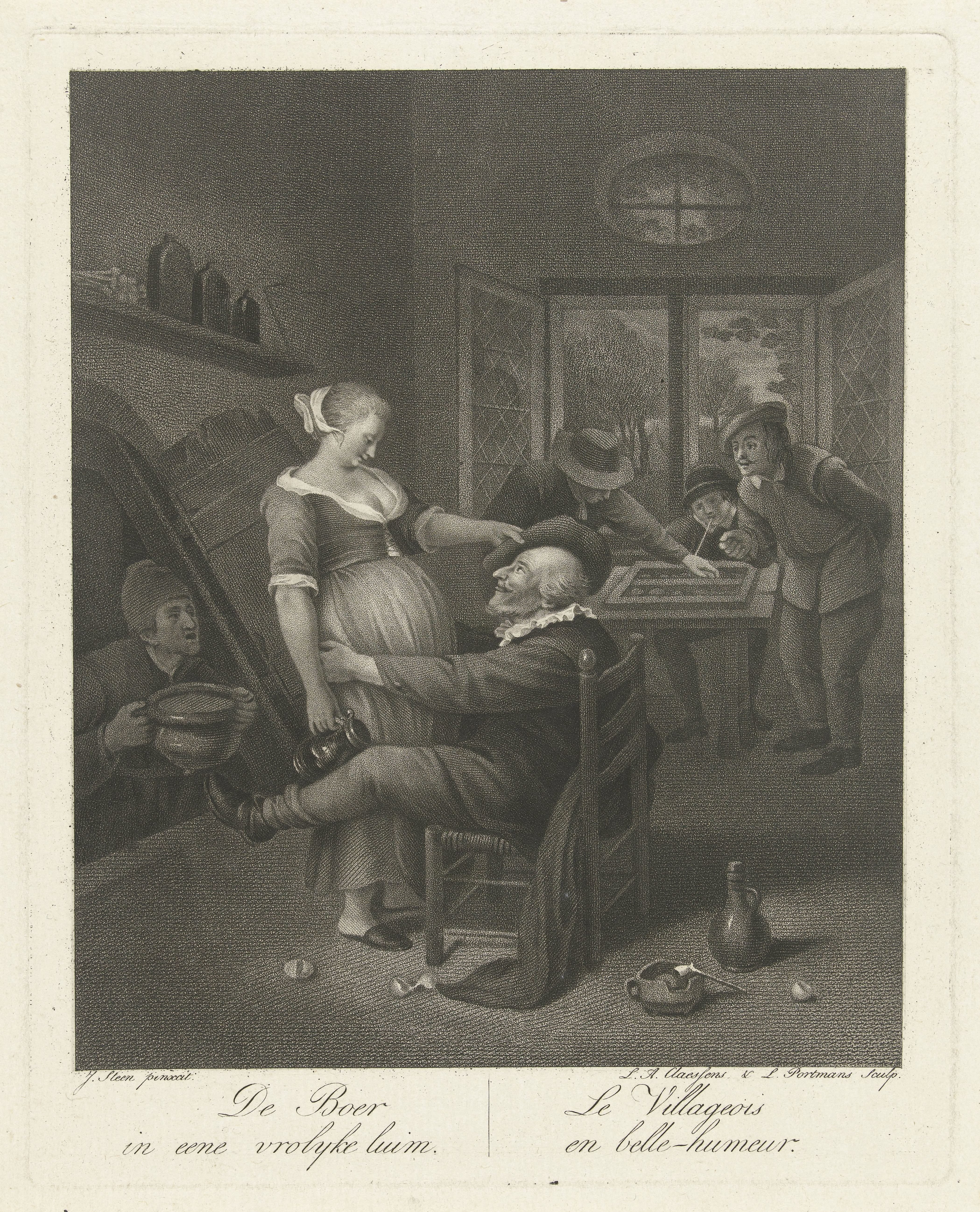 Kroegscène met een oude man en een jonge vrouw