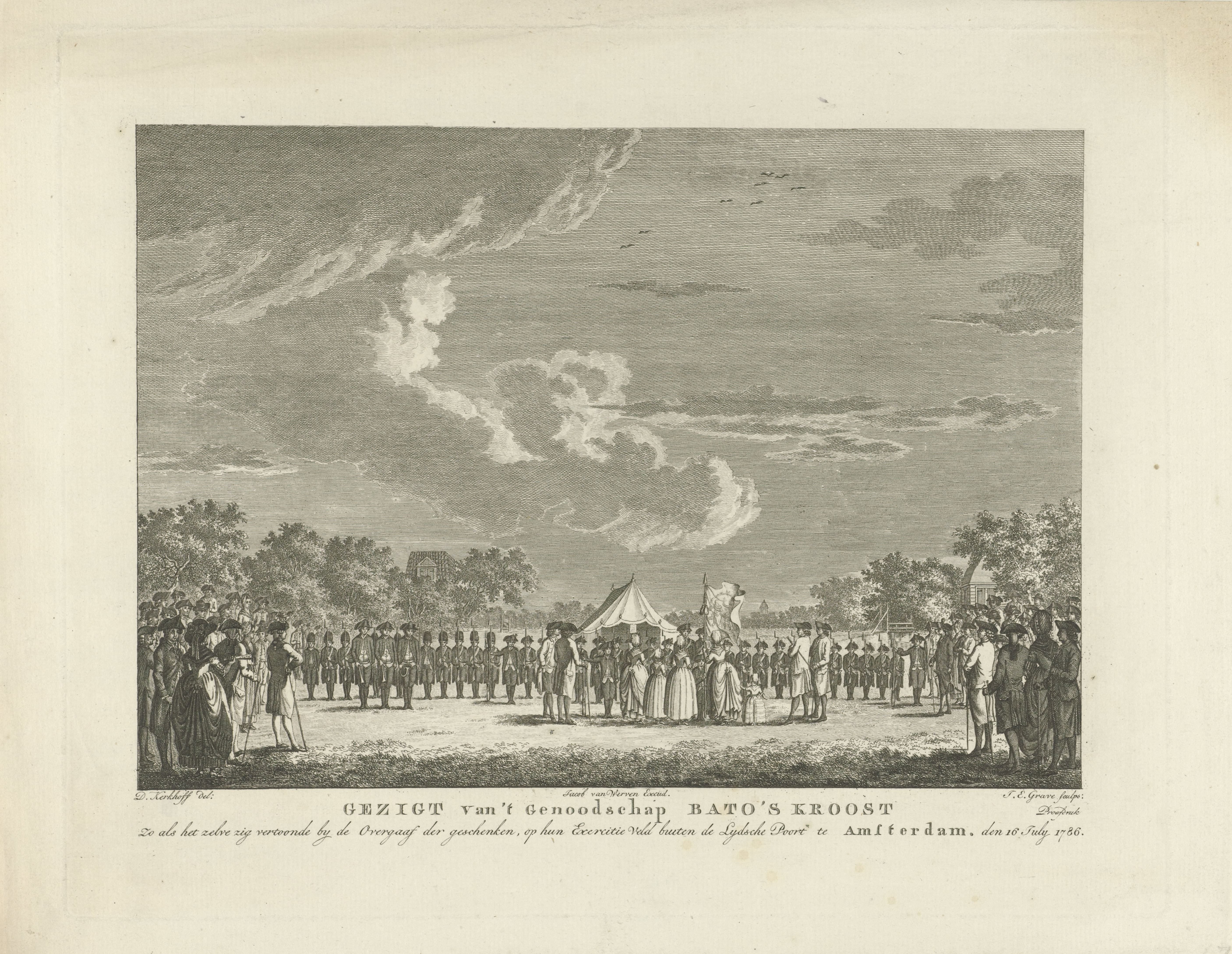 Ontvangst van vaandel, trom en geweren door het exercitiegenootschap "Bato's kroost", 16 juli 1786