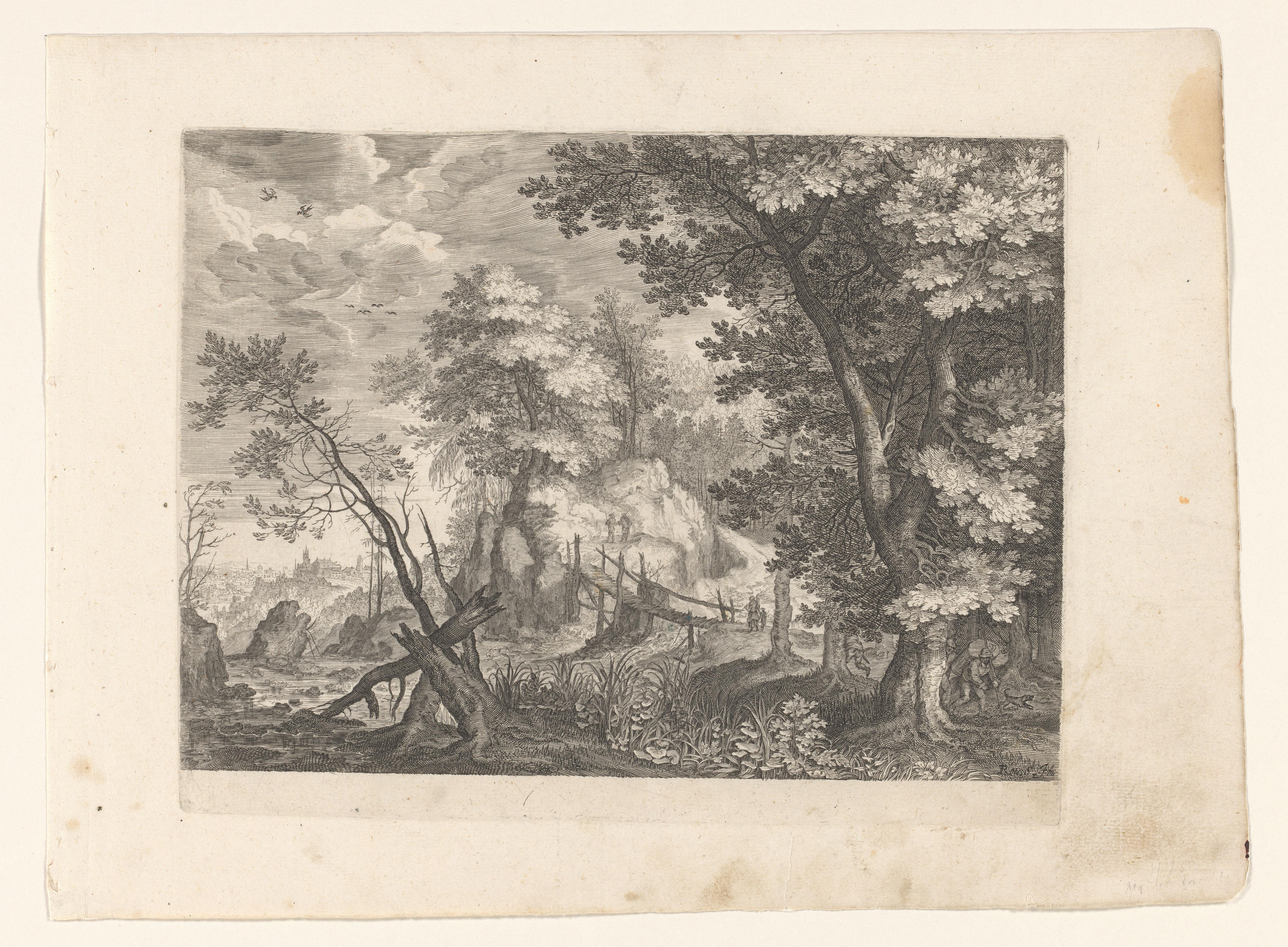 Landschap met zeven figuren, een hond en een brug