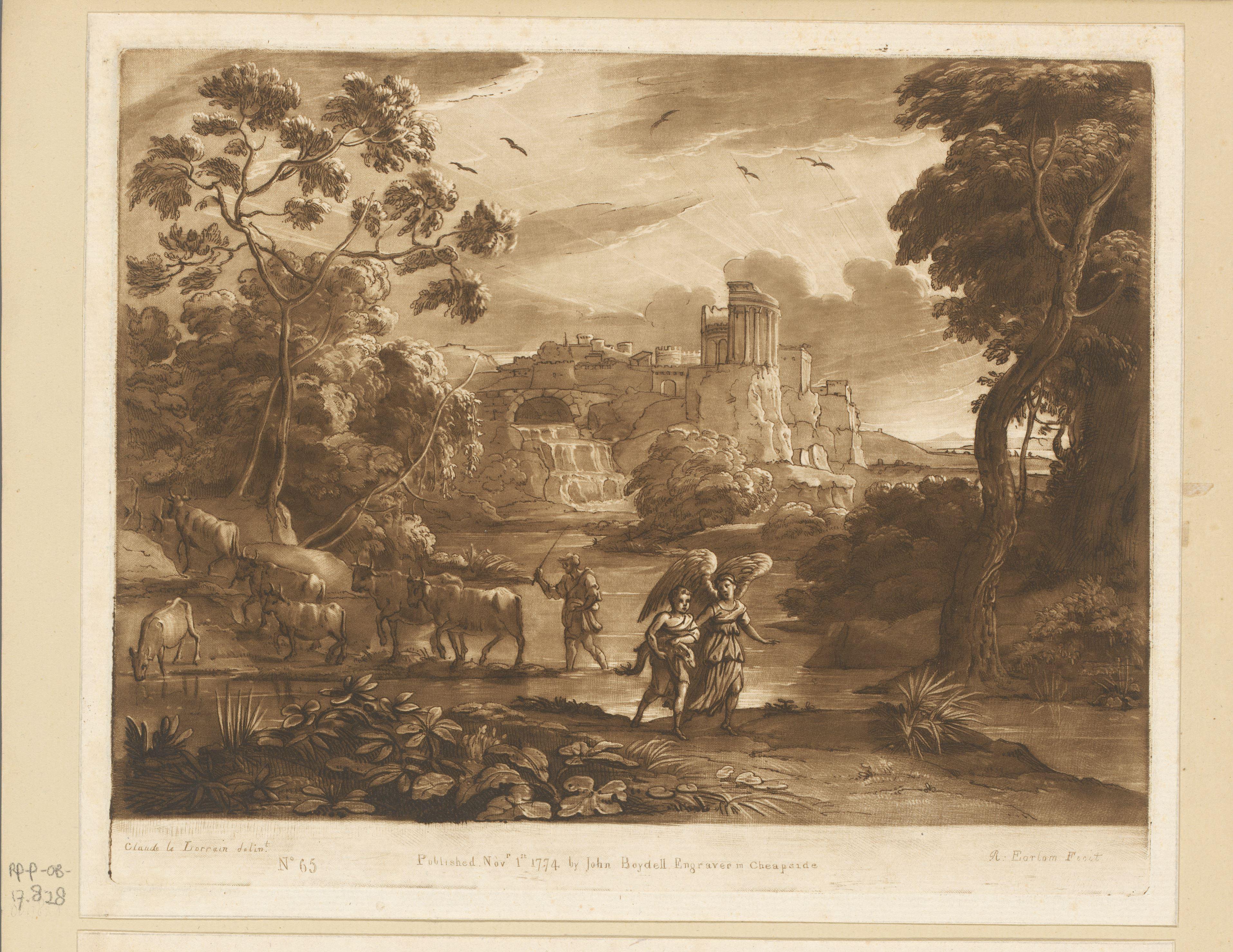 Landschap met antieke stad op een klif en Tobias en de engel aan de oever