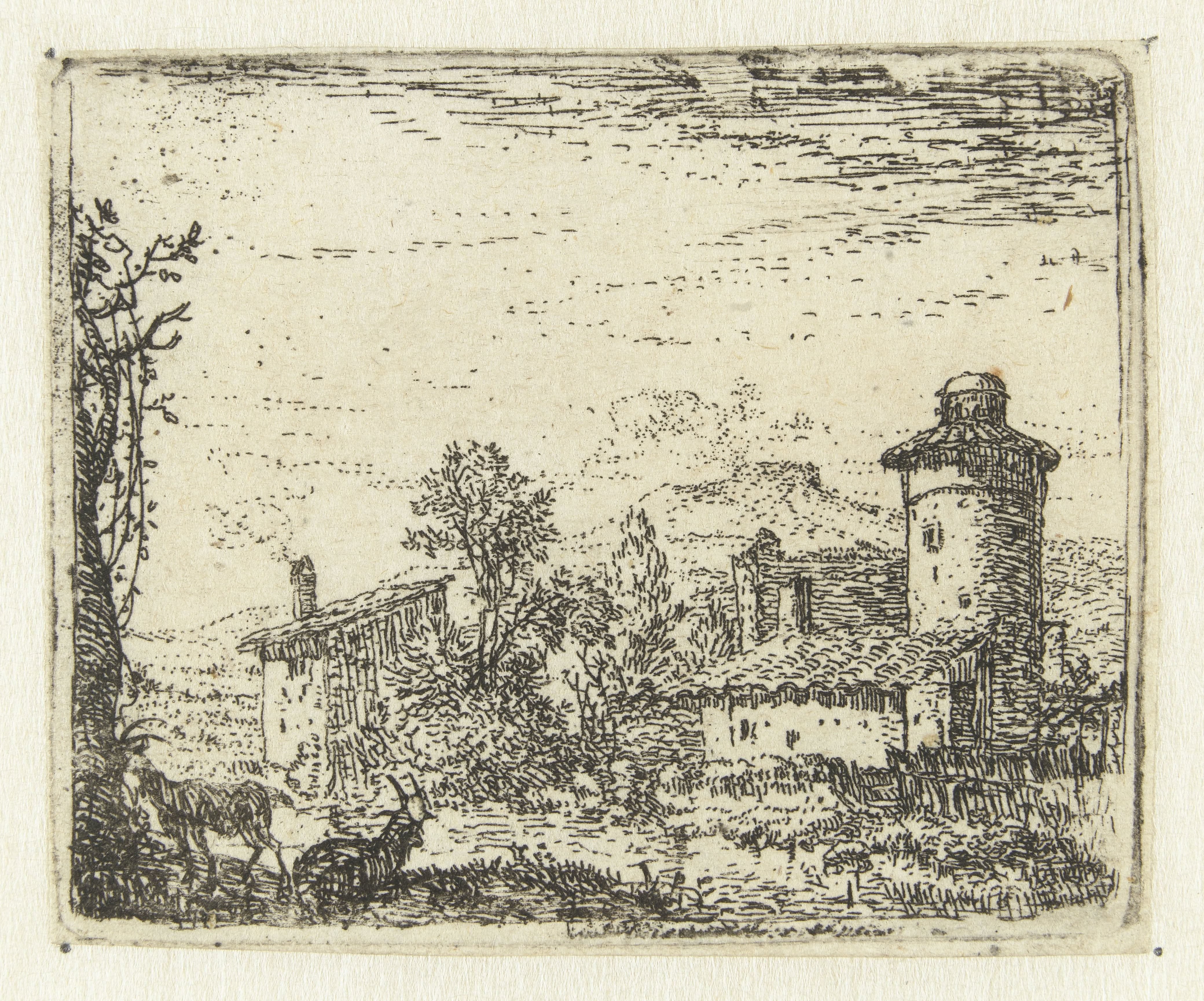 Italianiserend landschap met ronde toren en twee geiten