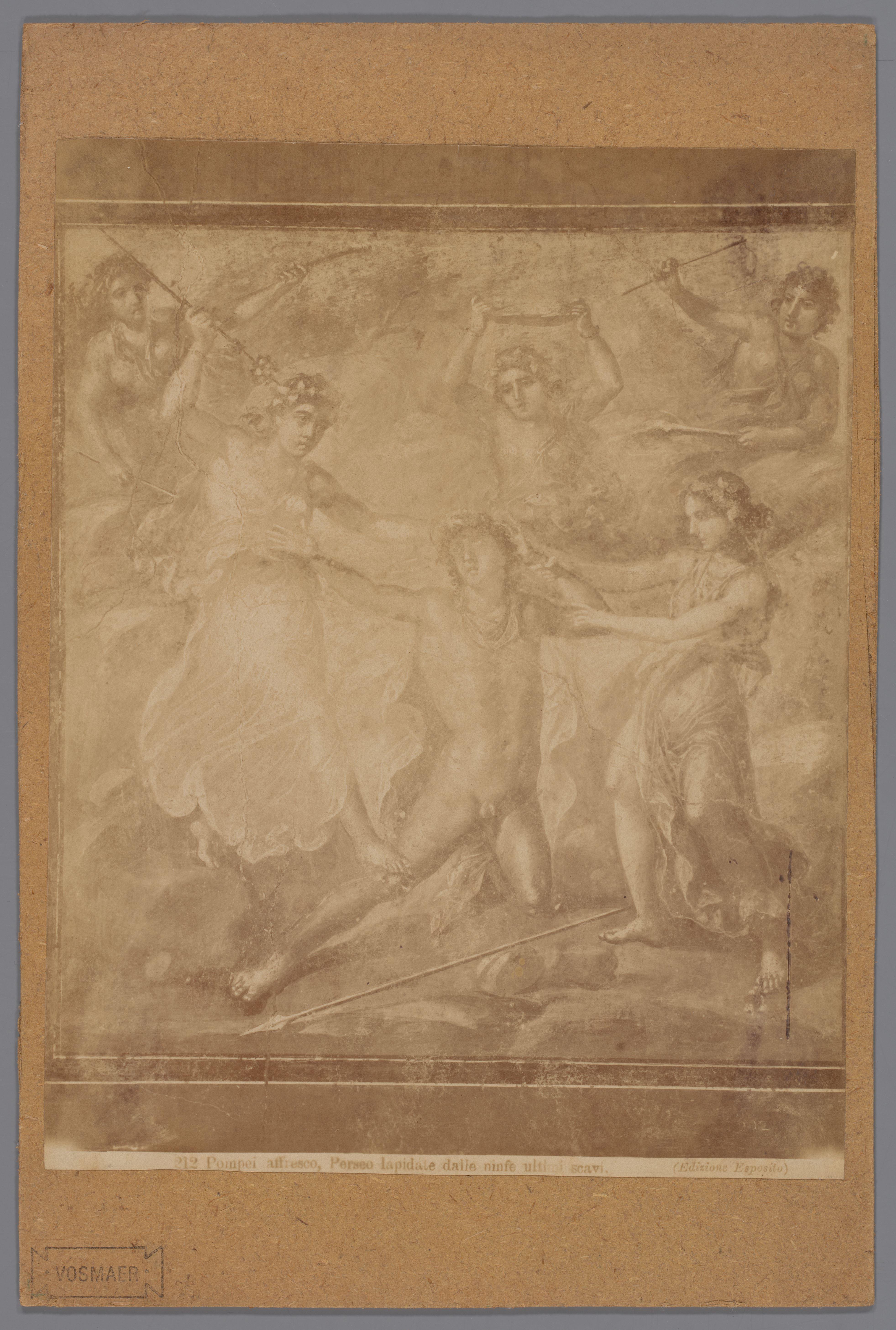 Fotoreproductie van een fresco van de verscheuring van Pentheus door Agauè en Ino in het Casa dei Vettii in Pompeï